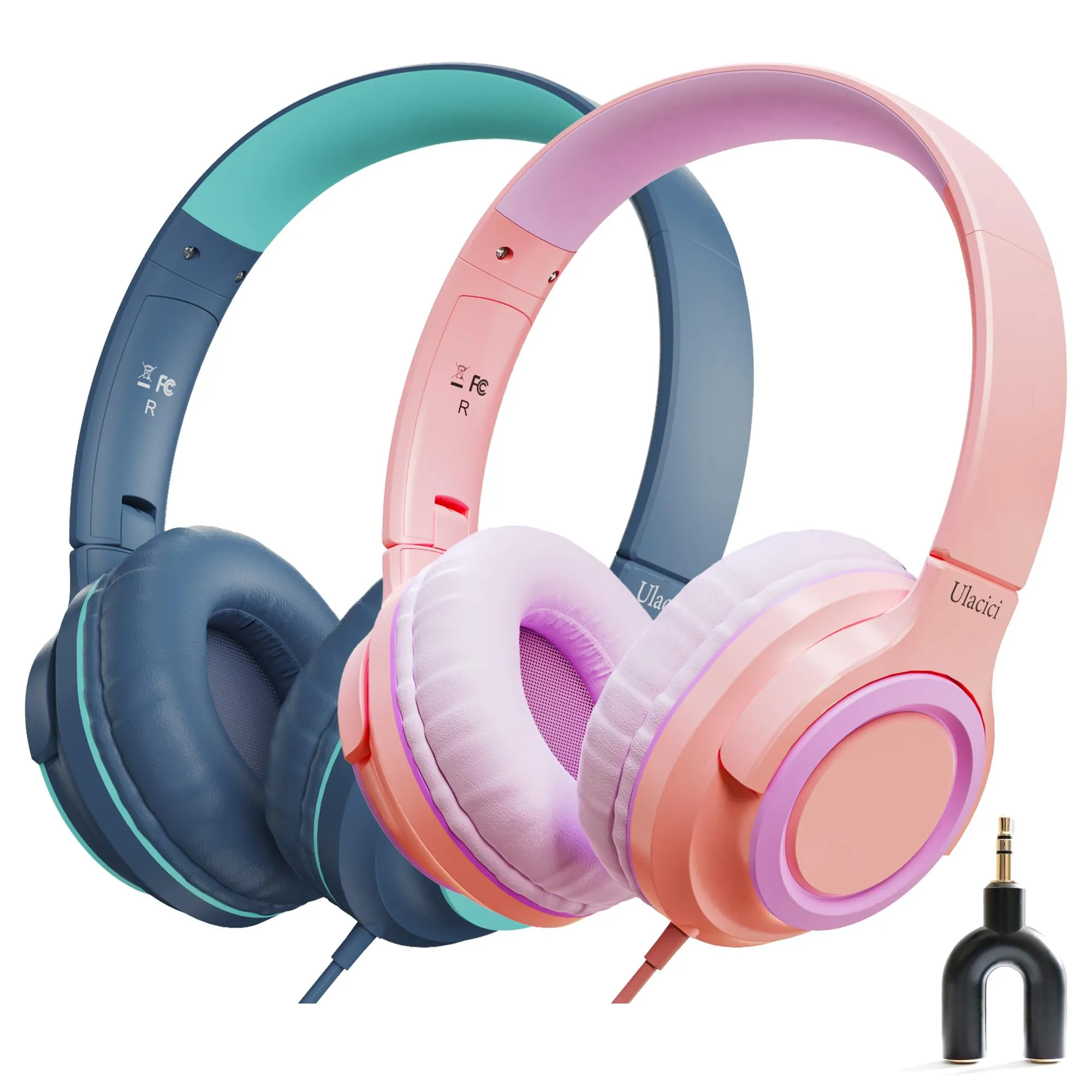 2 Pack Kids Headphones Pink+Blue, Wired with Microphone & Sharing Jack, Safe Volume Control