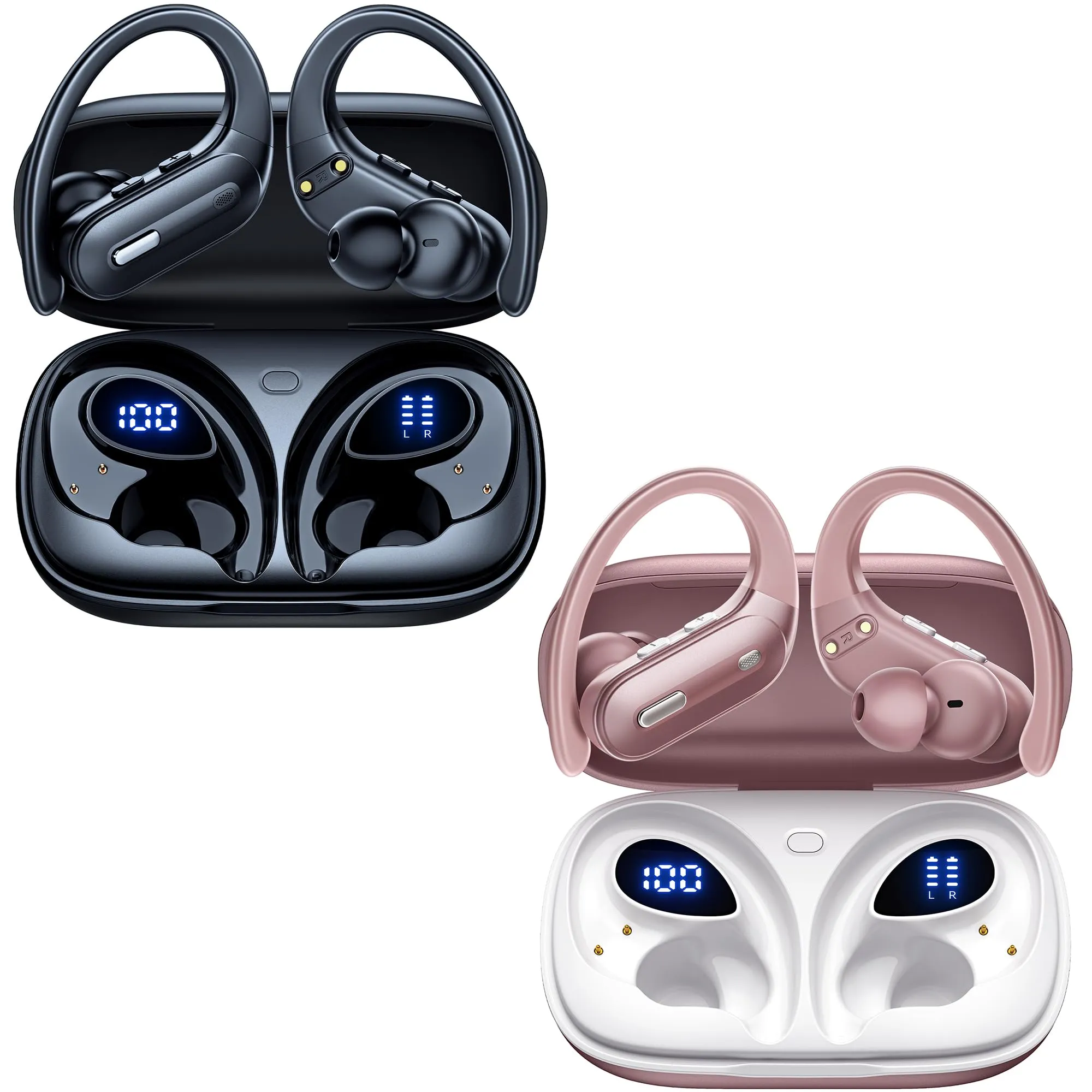 2 Set Wireless Earbuds Bluetooth 5.3 with 180H Playtime, Waterproof Stereo Headset Black+Pink