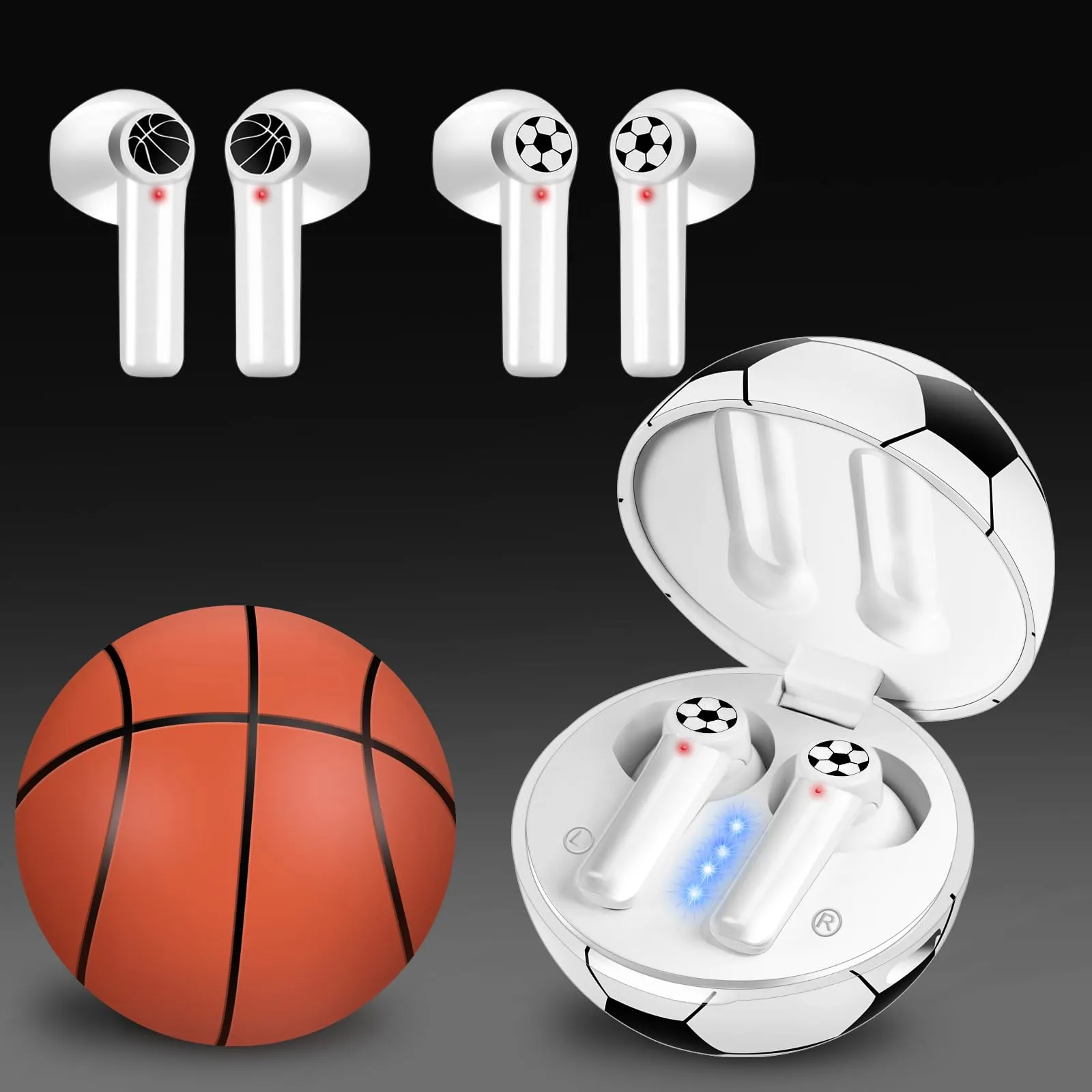 2Pcs Wireless Earbuds for Kids, Noise Cancelling, 40Hrs Playtime, Soccer & Basketball Design