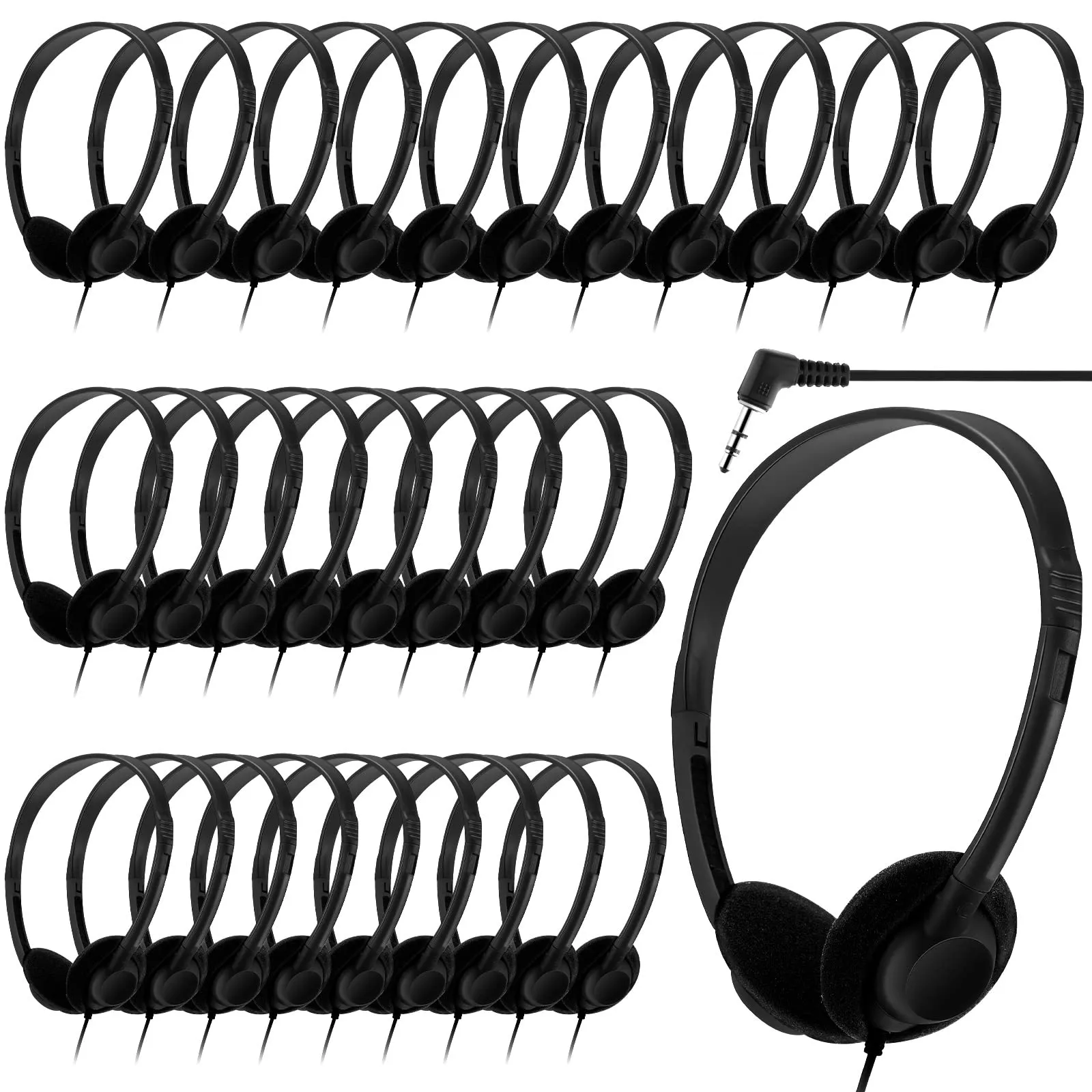 30 Pack Kids Headphones, Adjustable Classroom Earphones, Individually Wrapped, Black, 3.5mm Jack