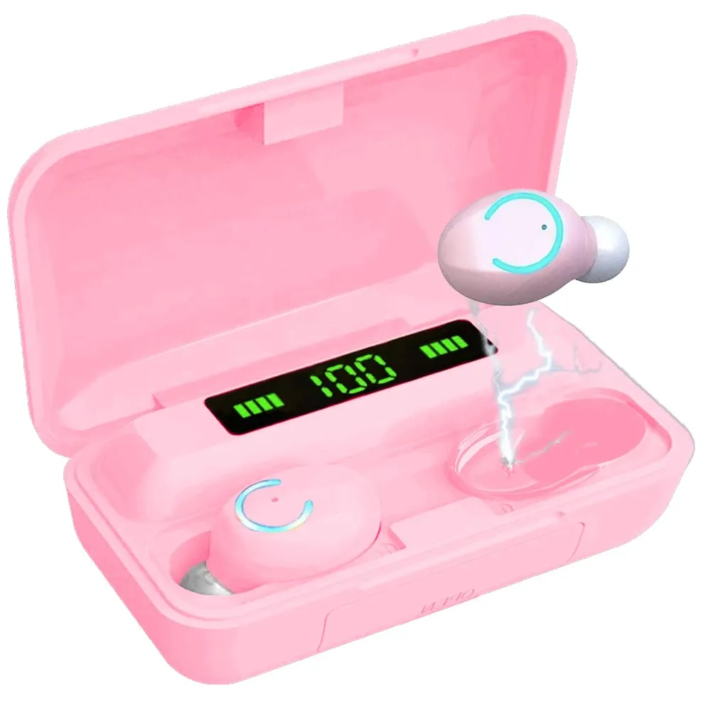 5.0 IPX7 Waterproof Earbud Headphones with Microphone, Smart Charging Case, Powerful Bass (Pink)