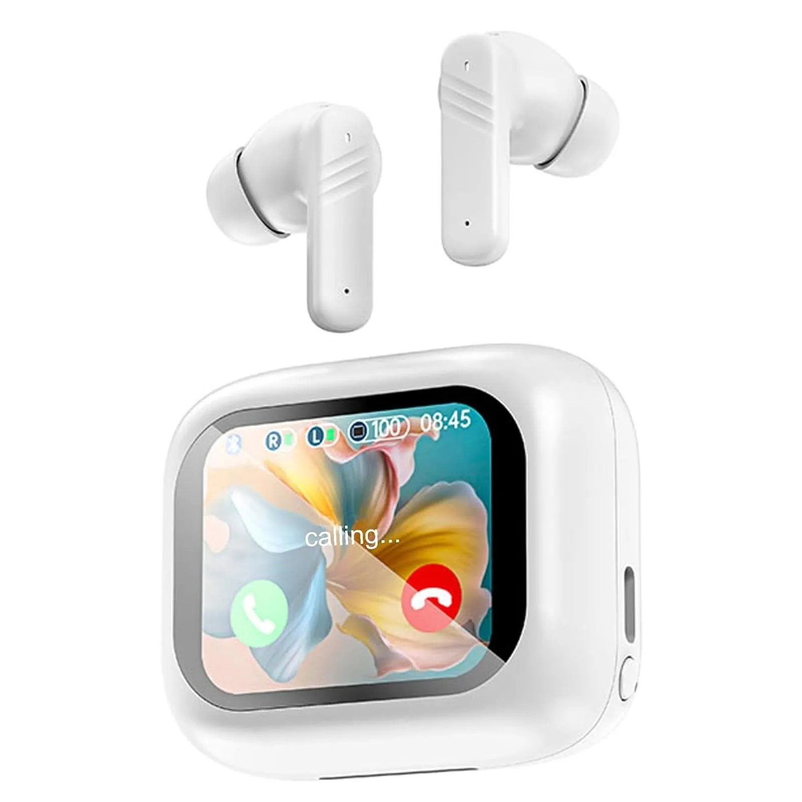 Active Noise Cancelling Earbuds with Smart Touch Screen, Bluetooth 5.4, Waterproof, White