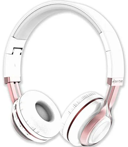 Aduro Resonance Wireless Headphones - Foldable Over-Ear Headset with Microphone in White/Rose Gold