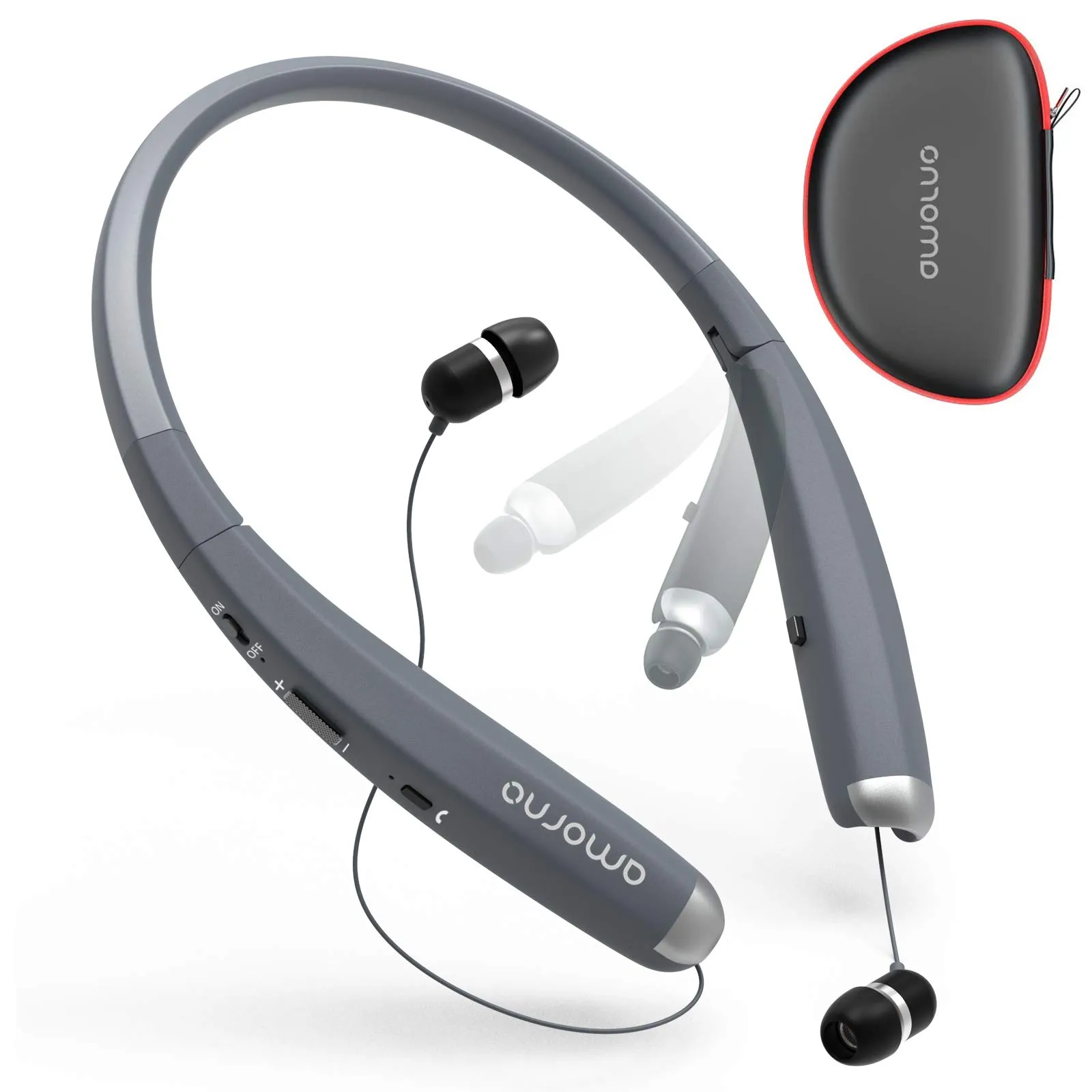 AMORNO Foldable Bluetooth Headphones, Wireless Neckband Sports Headset, Retractable Earbuds (Grey)