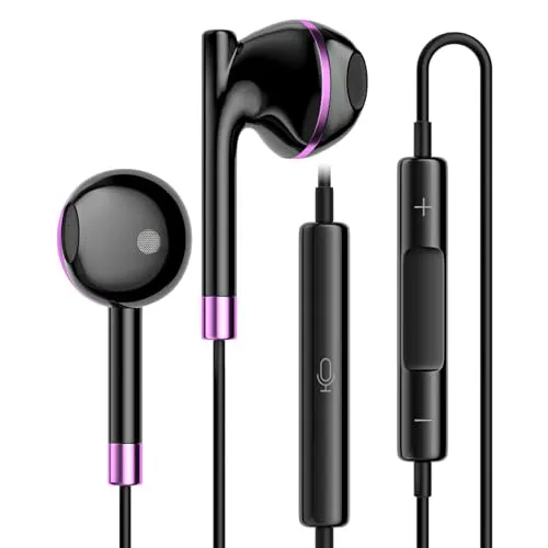 Aolcev Wired Earbuds HiFi Stereo Earphones for iPhone 14/13/12/11/XR/XS Max - Black-Purple