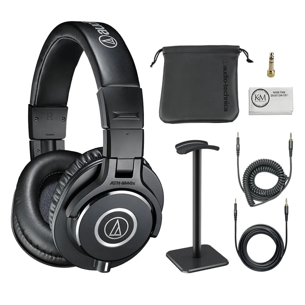 Audio-Technica ATH-M40x Headphones Bundle with Stand & Cleaning Cloth - Pro Studio Monitoring