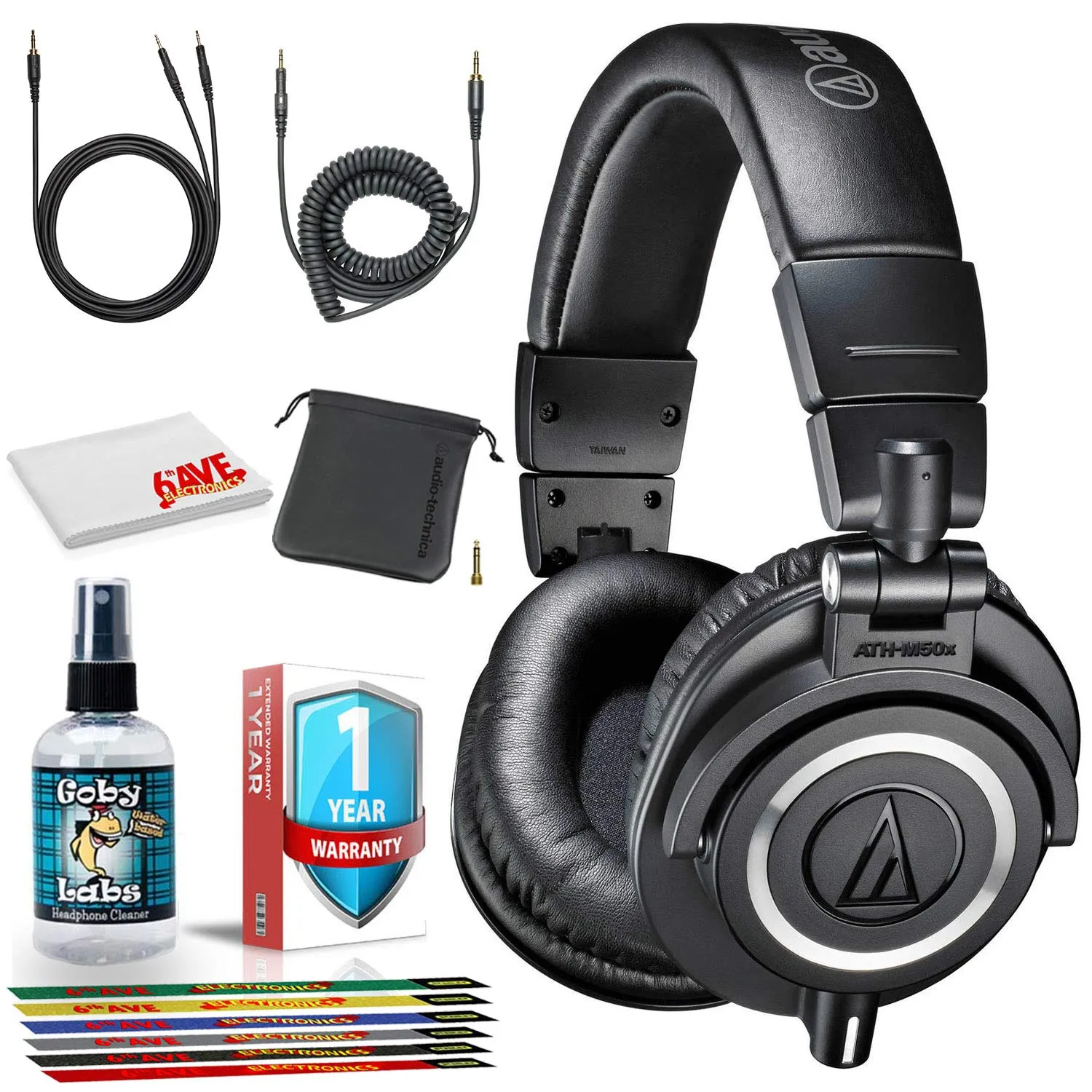 Audio-Technica ATH-M50x Monitor Headphones Black Bundle with Extra Warranty and Cleaning Kit