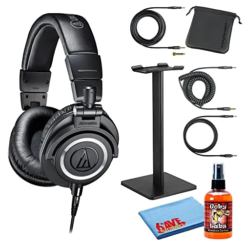 Audio-Technica ATH-M50x Professional Studio Monitor Headphones Bundle with Stand & Cleaner