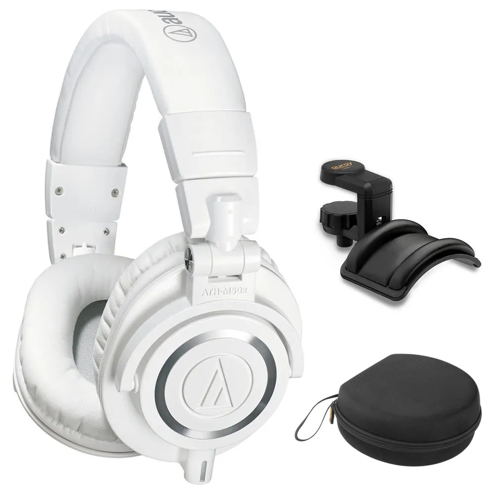 Audio-Technica ATH-M50x Studio Headphones (White) Bundle with Holder & Case for Pro Audio