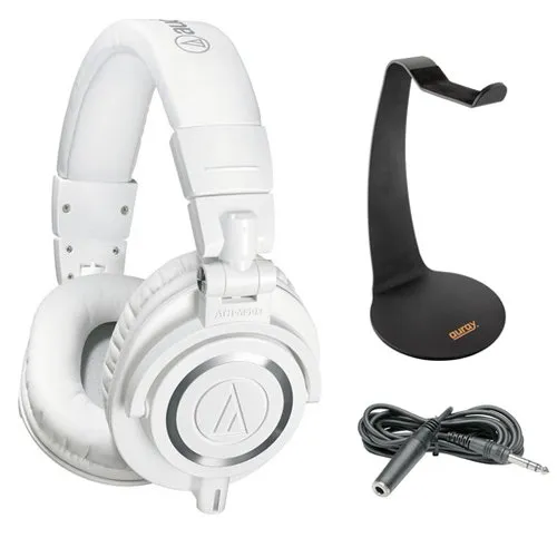 Audio-Technica ATH-M50xWH White Monitor Headphones with Desktop Stand & 10' Extension Cable