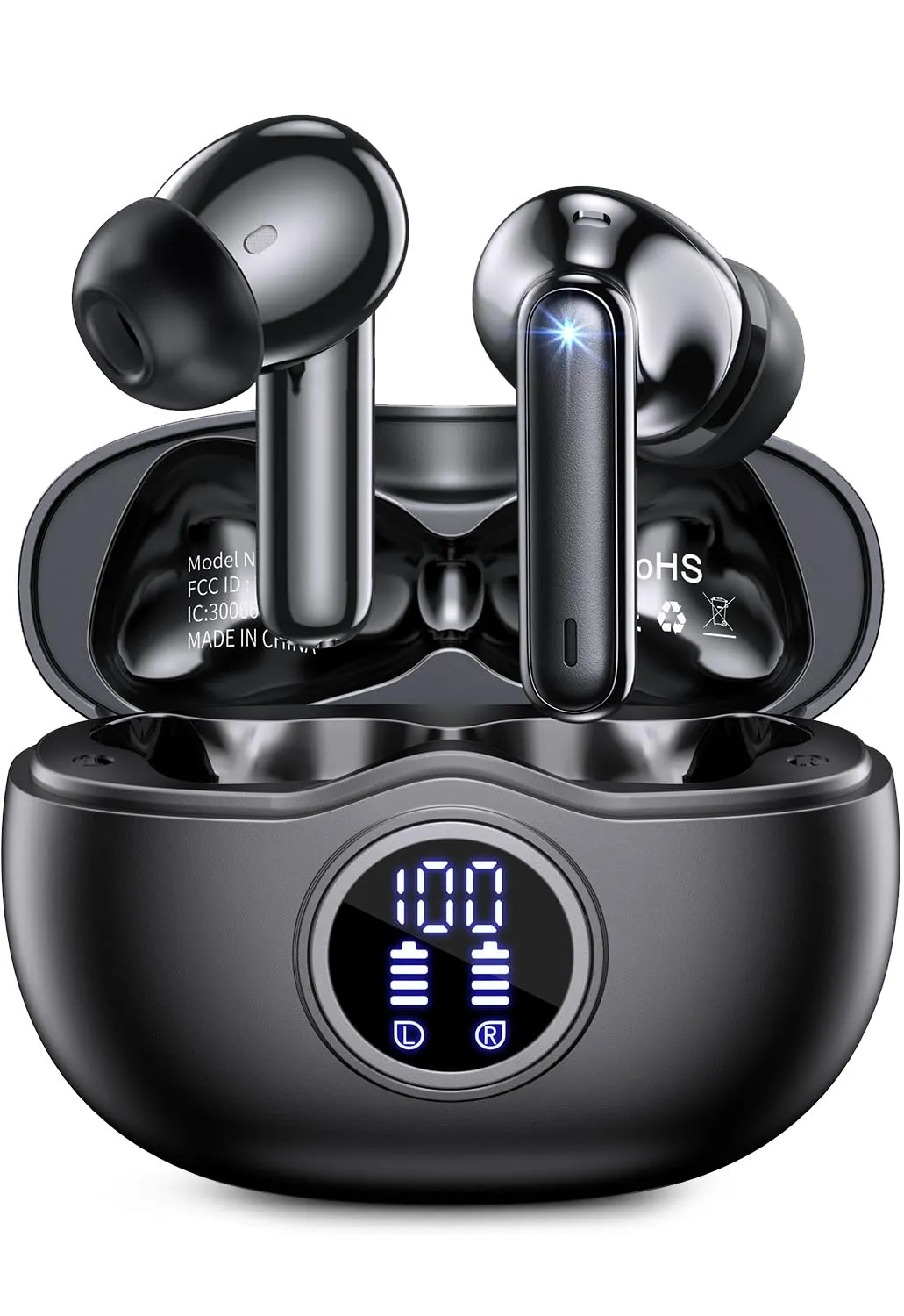 Bluetooth 5.3 Wireless Earbuds with 50 Hours Playback, IPX7 Waterproof, LED Display, Black