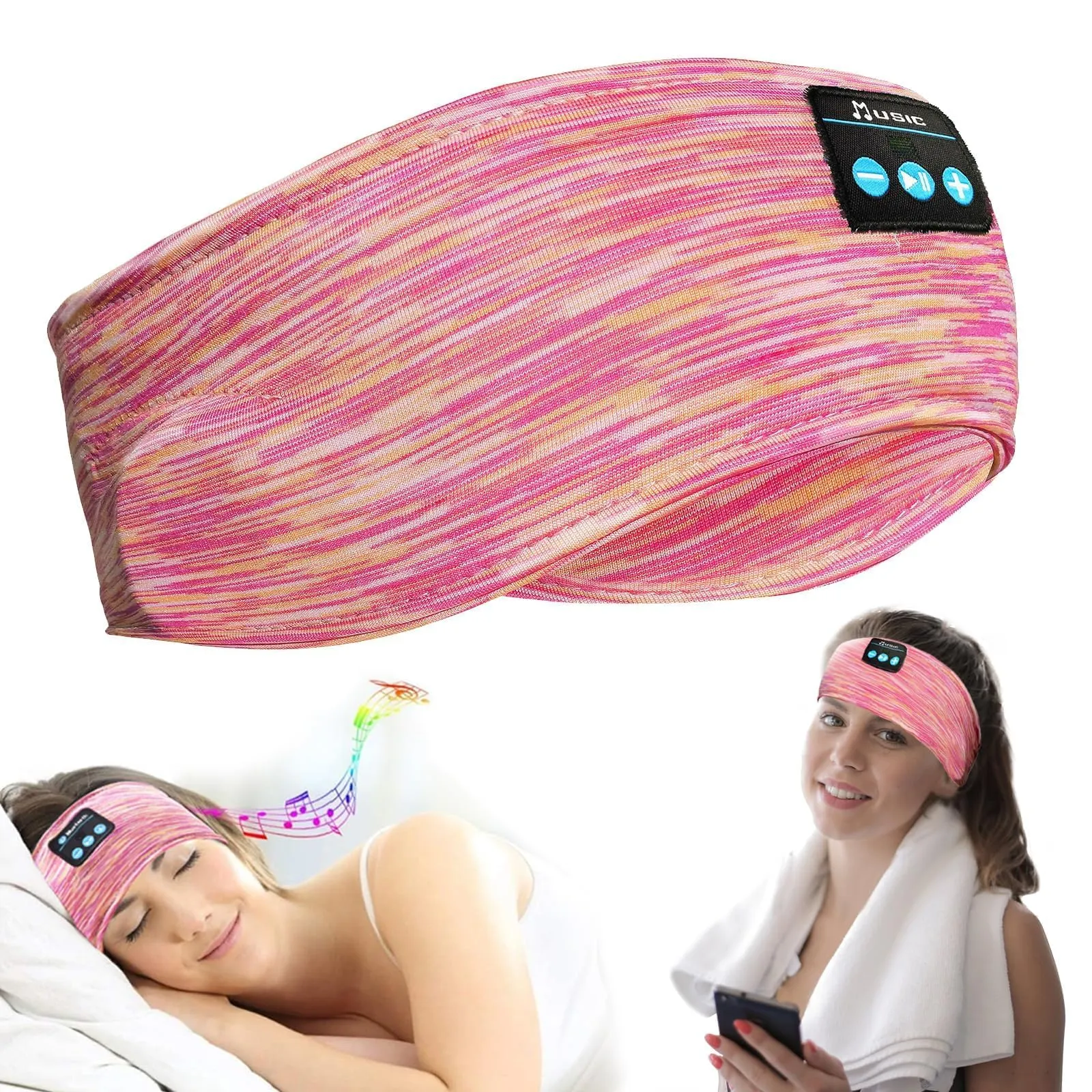 Bluetooth Headphones Headband for Sleeping Side Sleepers - Adjustable Wireless Mask, Pink