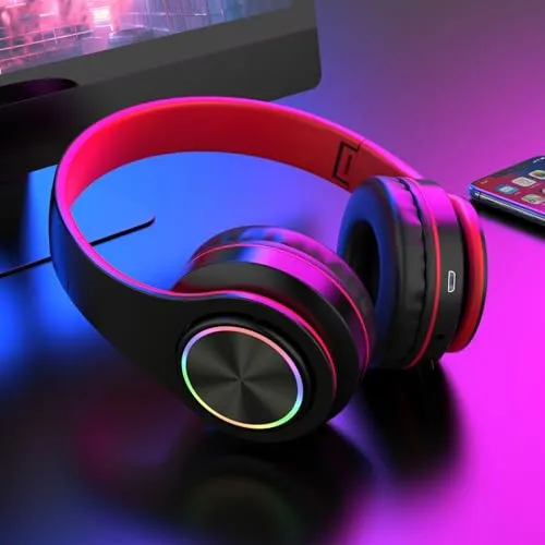 Bluetooth Headphones Over Ear Wireless Headset with RGB Light, Microphone, and Noise-Canceling (Black)