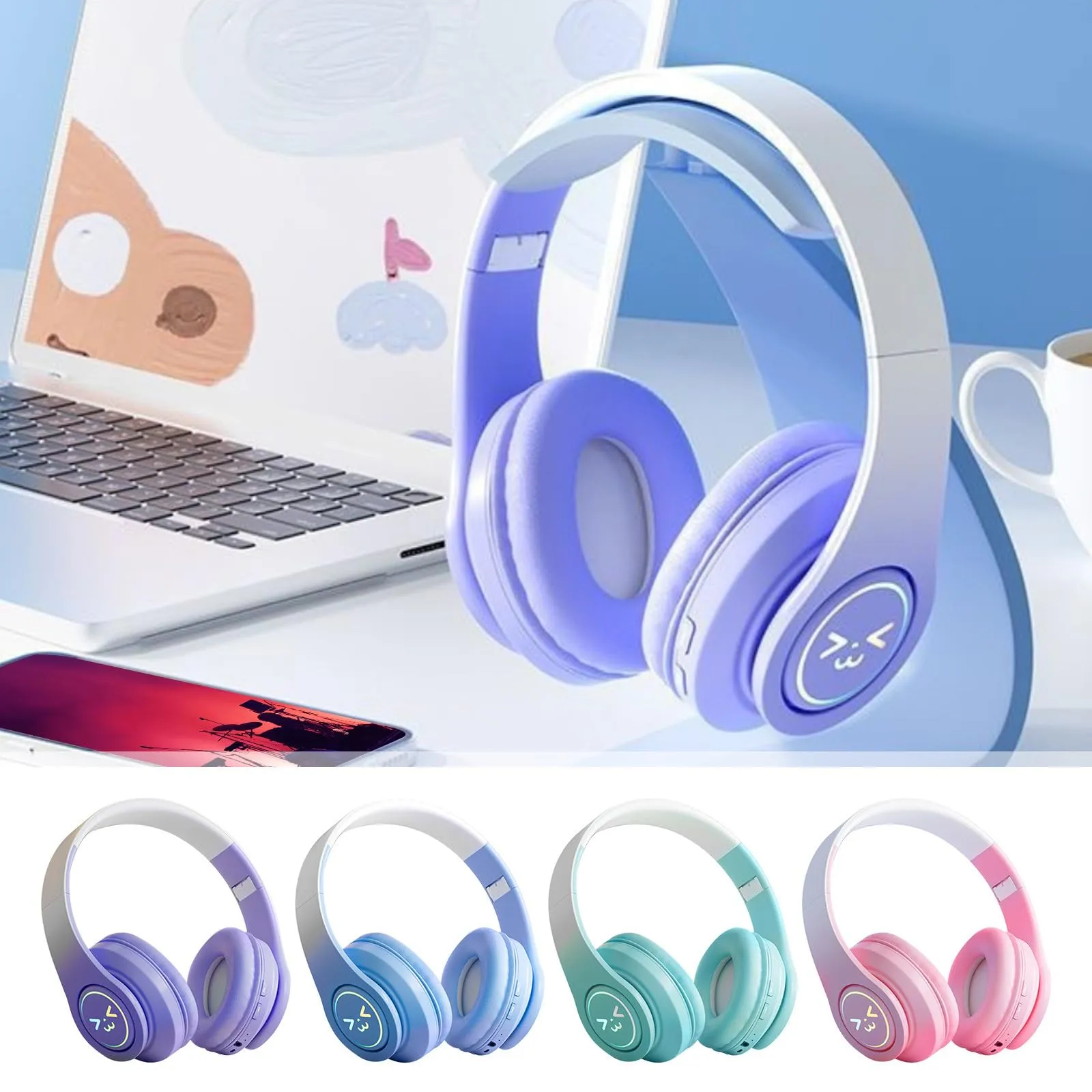 Bluetooth Headphones Wireless Over Ear Stereo Headset Purple, Built-in Microphone, Foldable Design