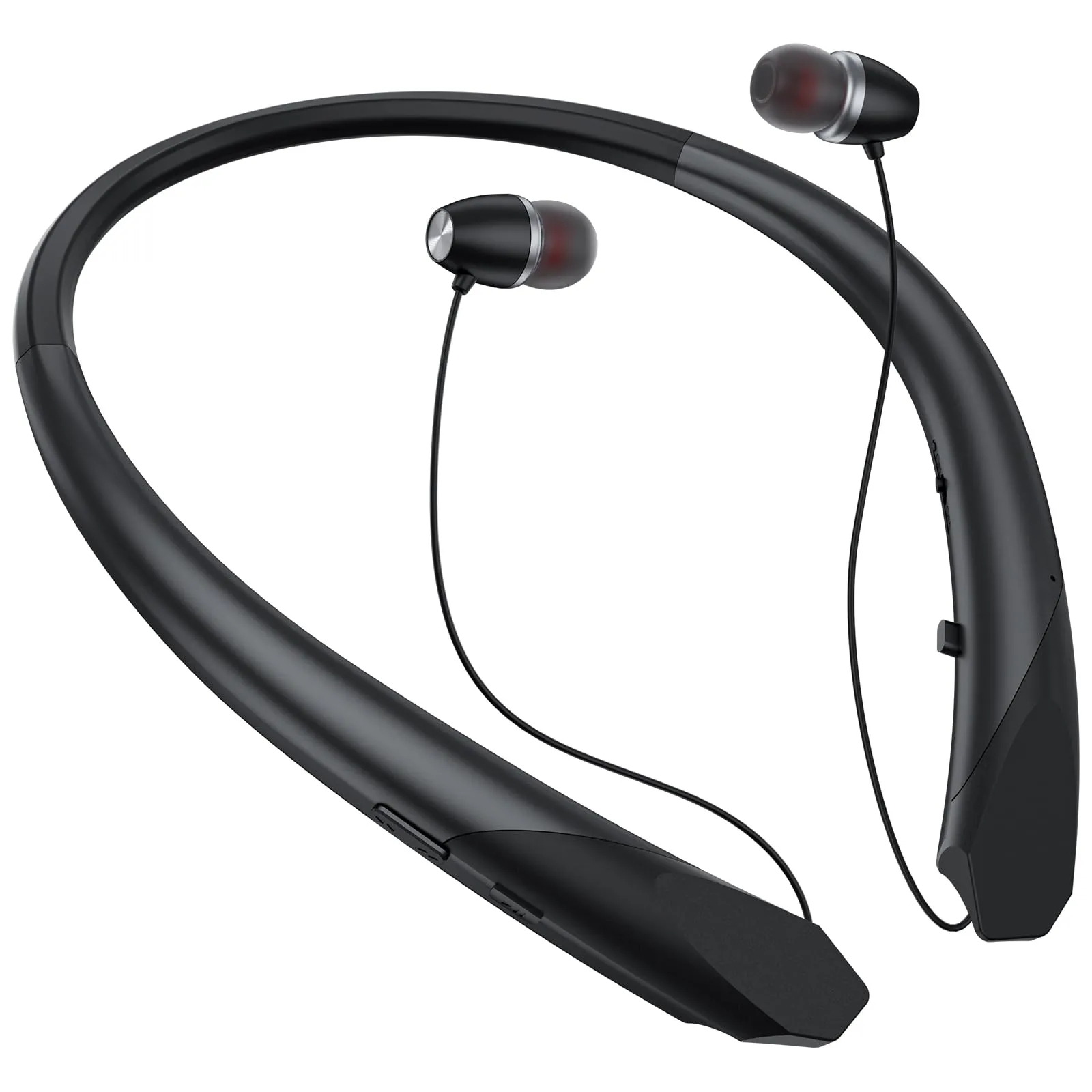 Bluetooth Headset - 2024 Upgraded Wireless Neckband with Retractable Earbuds, 18H Playtime, Black