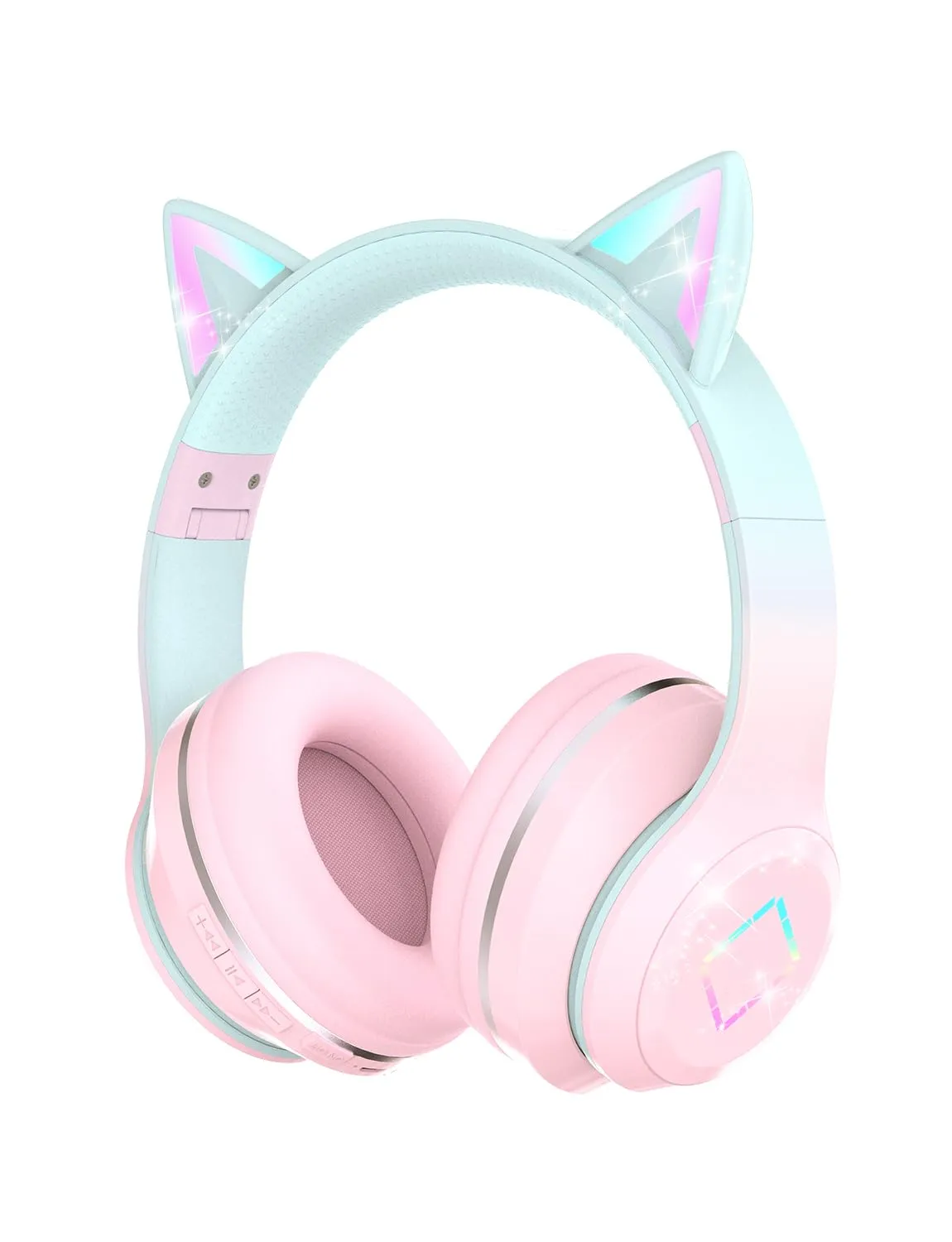 Bluetooth Kids Headphones with Cat Ear LED Lights, Wireless, Adjustable, Foldable, Pink