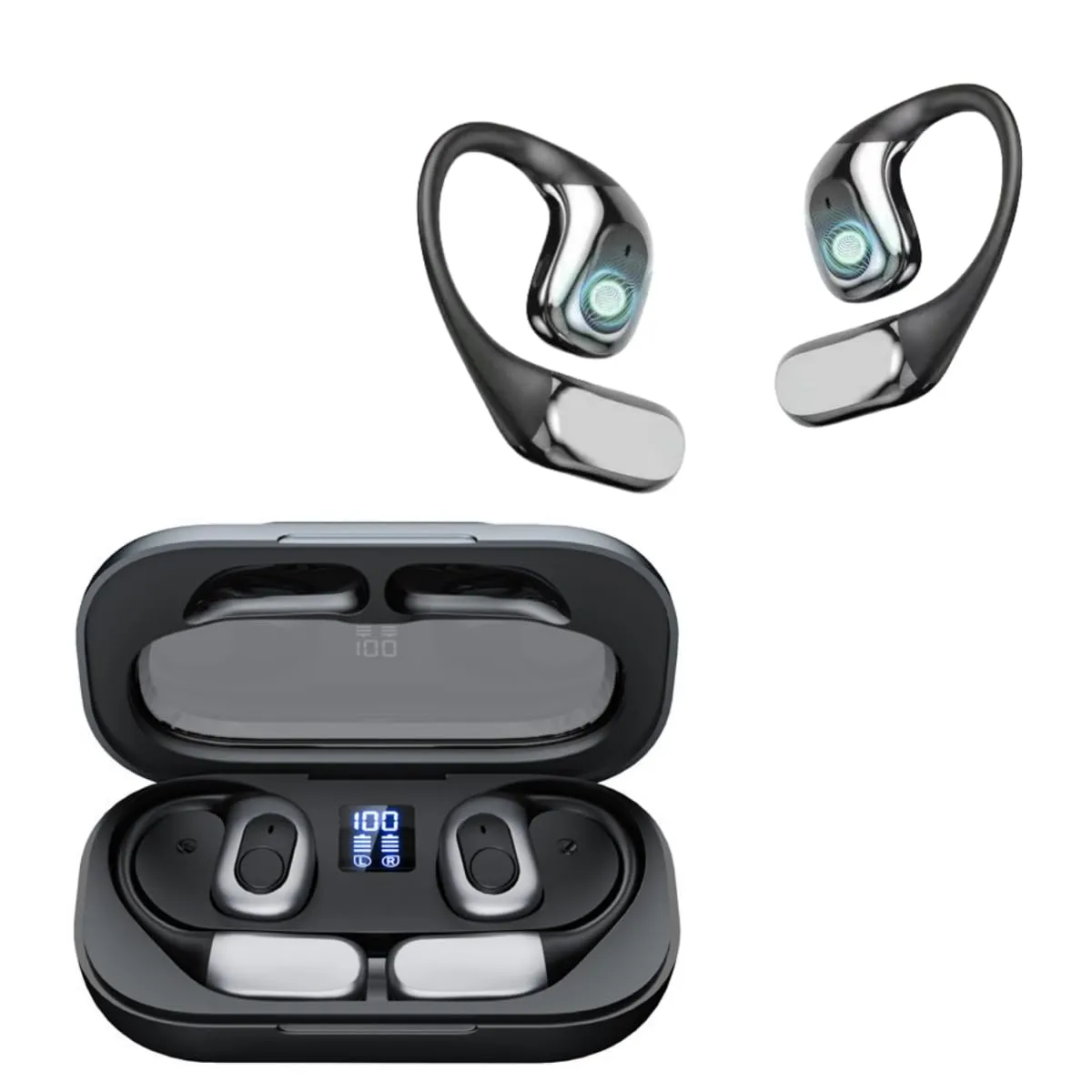 Bluetooth Open Ear Wireless Earbuds with Hi-Fi Stereo Audio, Waterproof, Touch Control (Black)