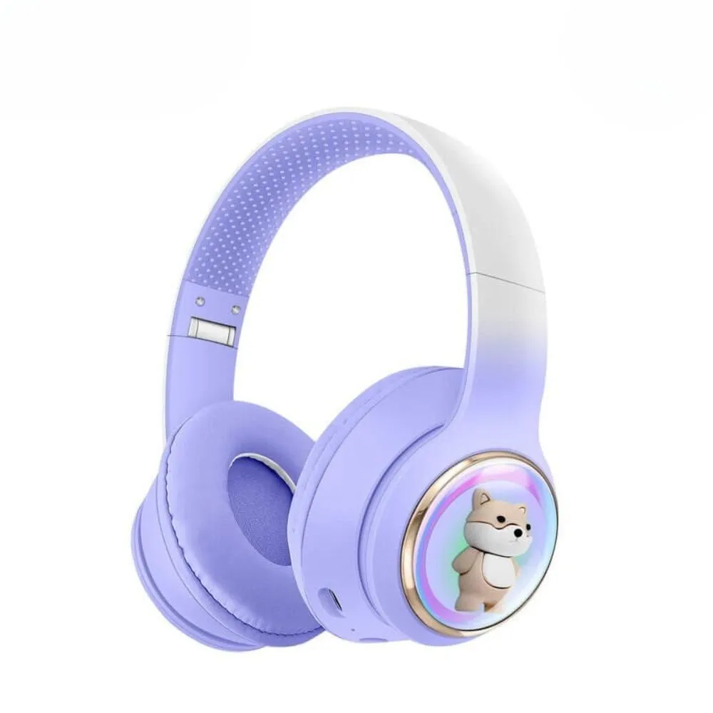 Bluetooth Over-Ear Headphones with Cute Dog LED Design, Comfortable Ear Cups, Purple