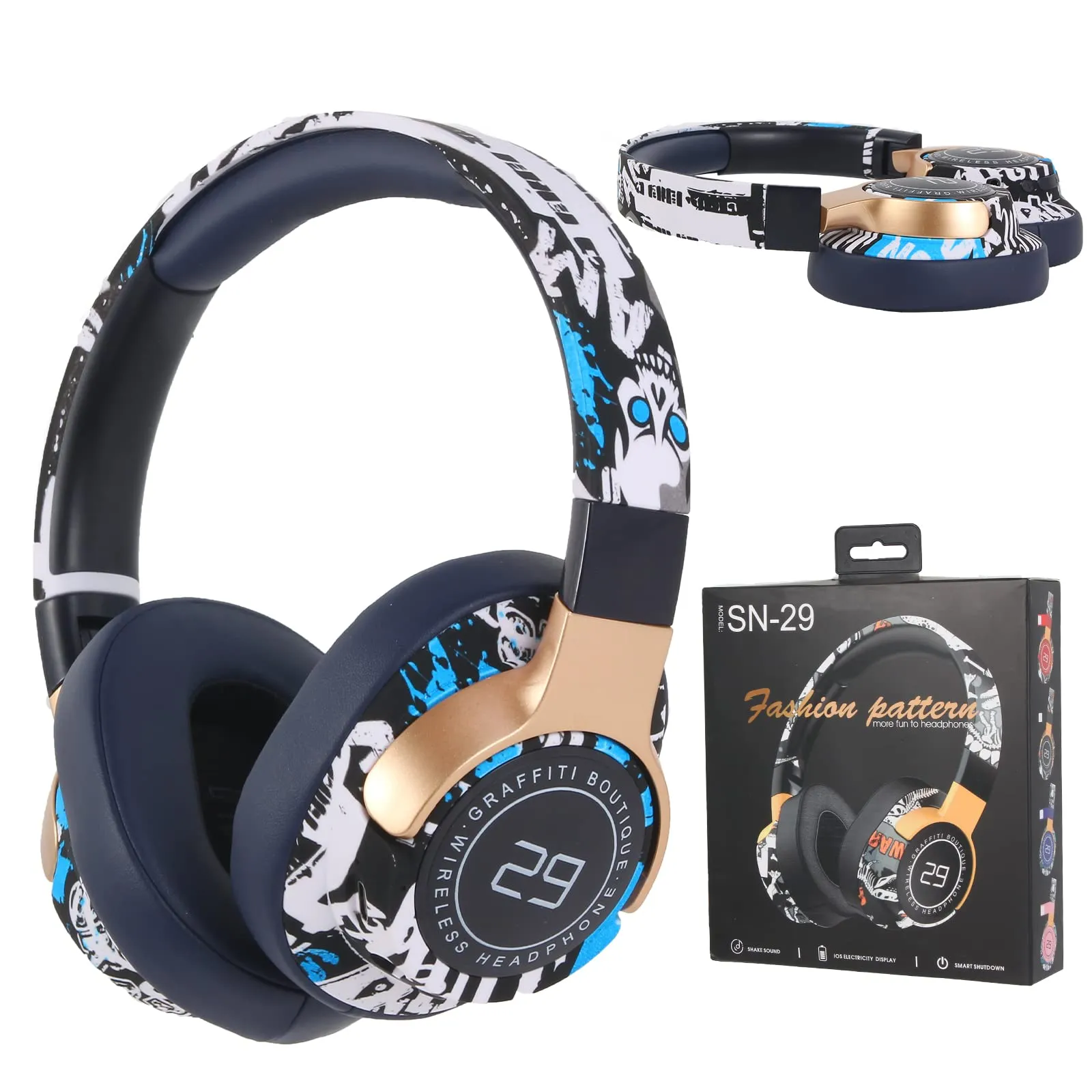 Bluetooth Over Ear Headphones - Graffiti Wireless Hi-Fi Stereo Sound with Microphone (Blue)