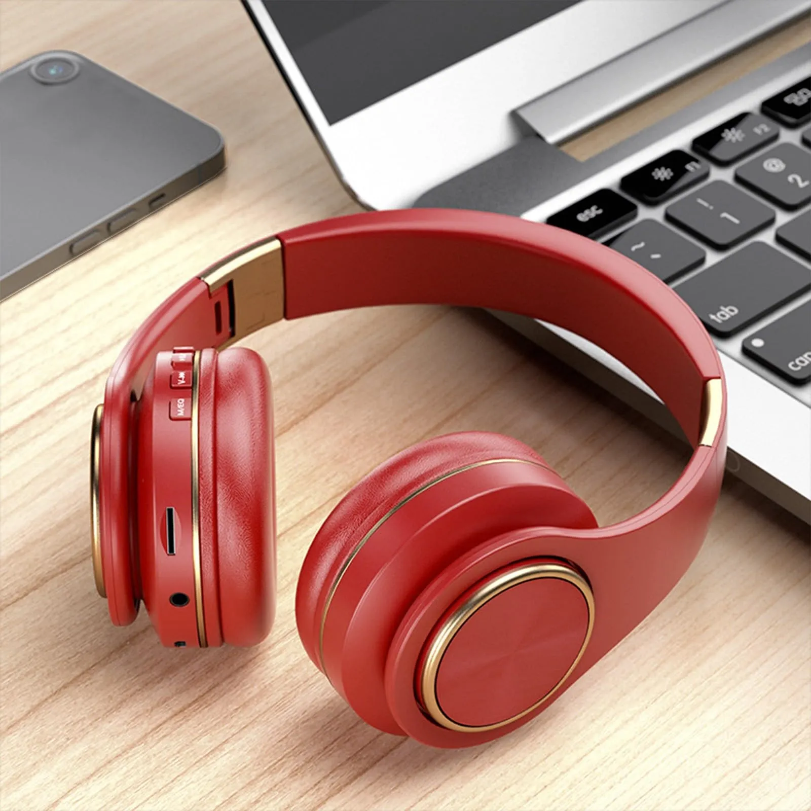 Bluetooth Over Ear Headphones with Deep Bass, Wireless 5.0 Microphone, Foldable Red Design