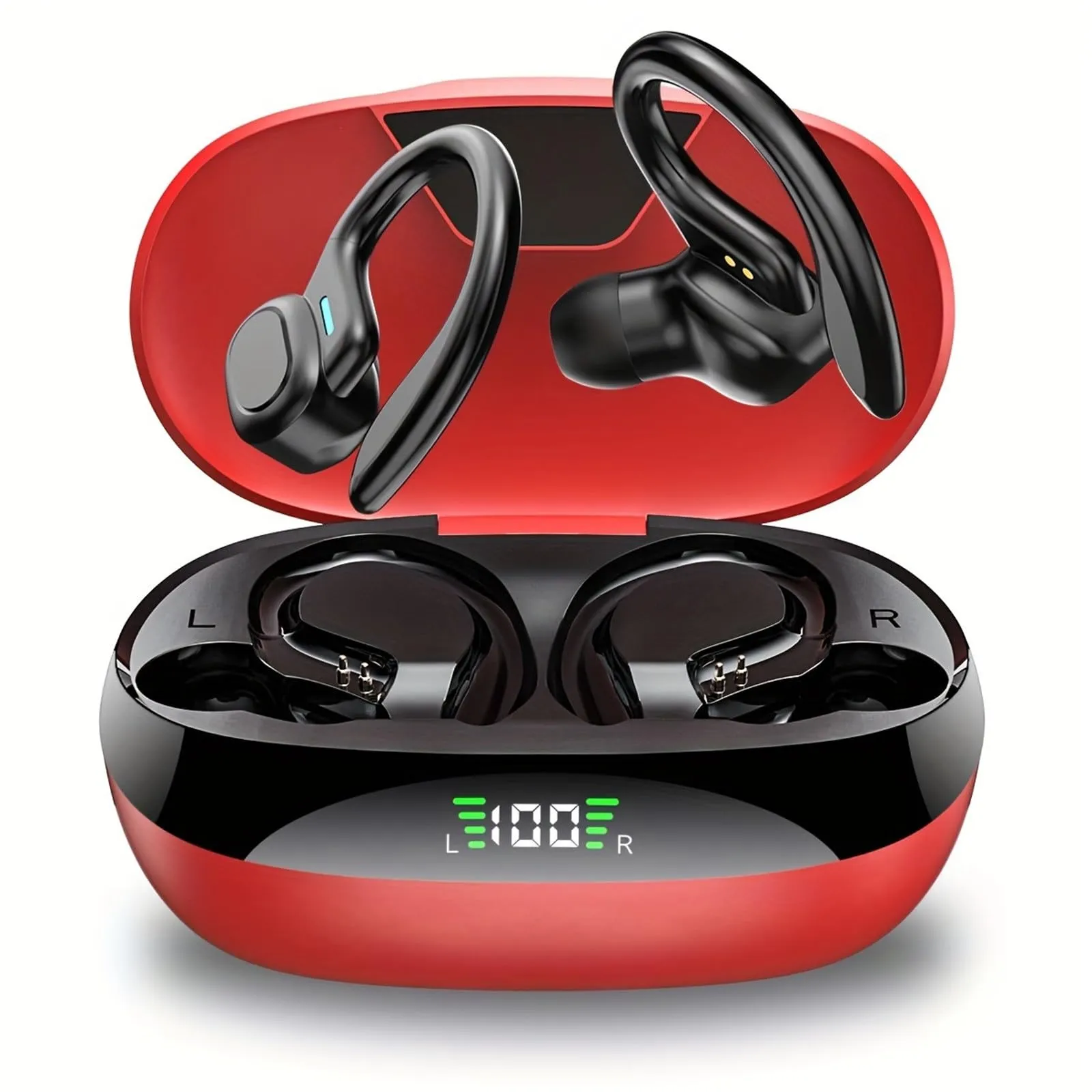 Bluetooth Wireless Mic Sport Earhook Earbuds - Touch-Control, Noise Cancelling, LED Display