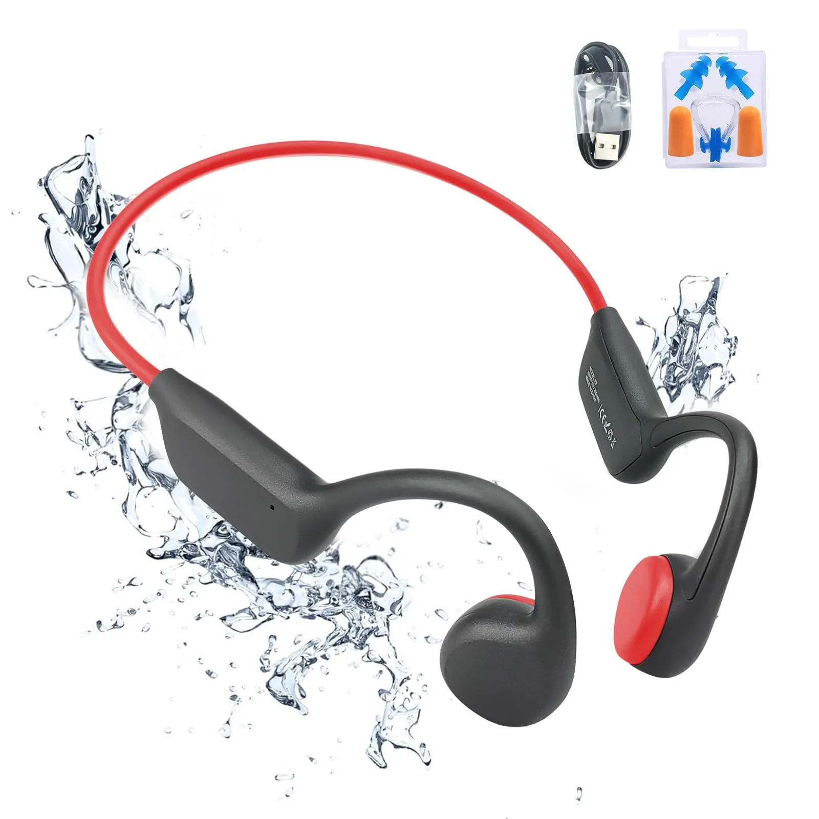 Bone Conduction Bluetooth Swimming Headphones, IPX8 Waterproof, 32GB MP3, Open-Ear Design (Black-red)