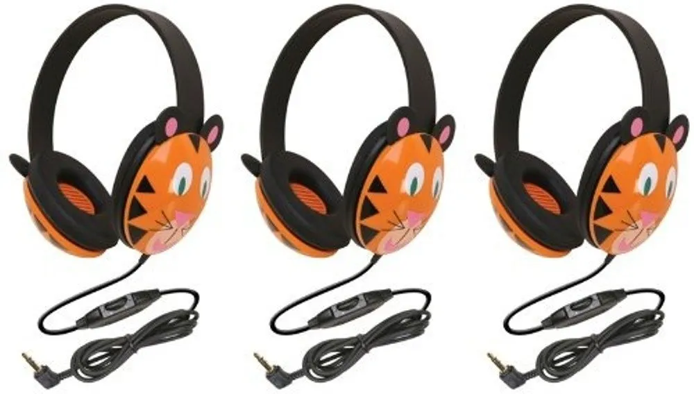 Califone 2810-TI Tiger Motif Headphones for Kids, Adjustable, Noise-Reducing, Pack of 3