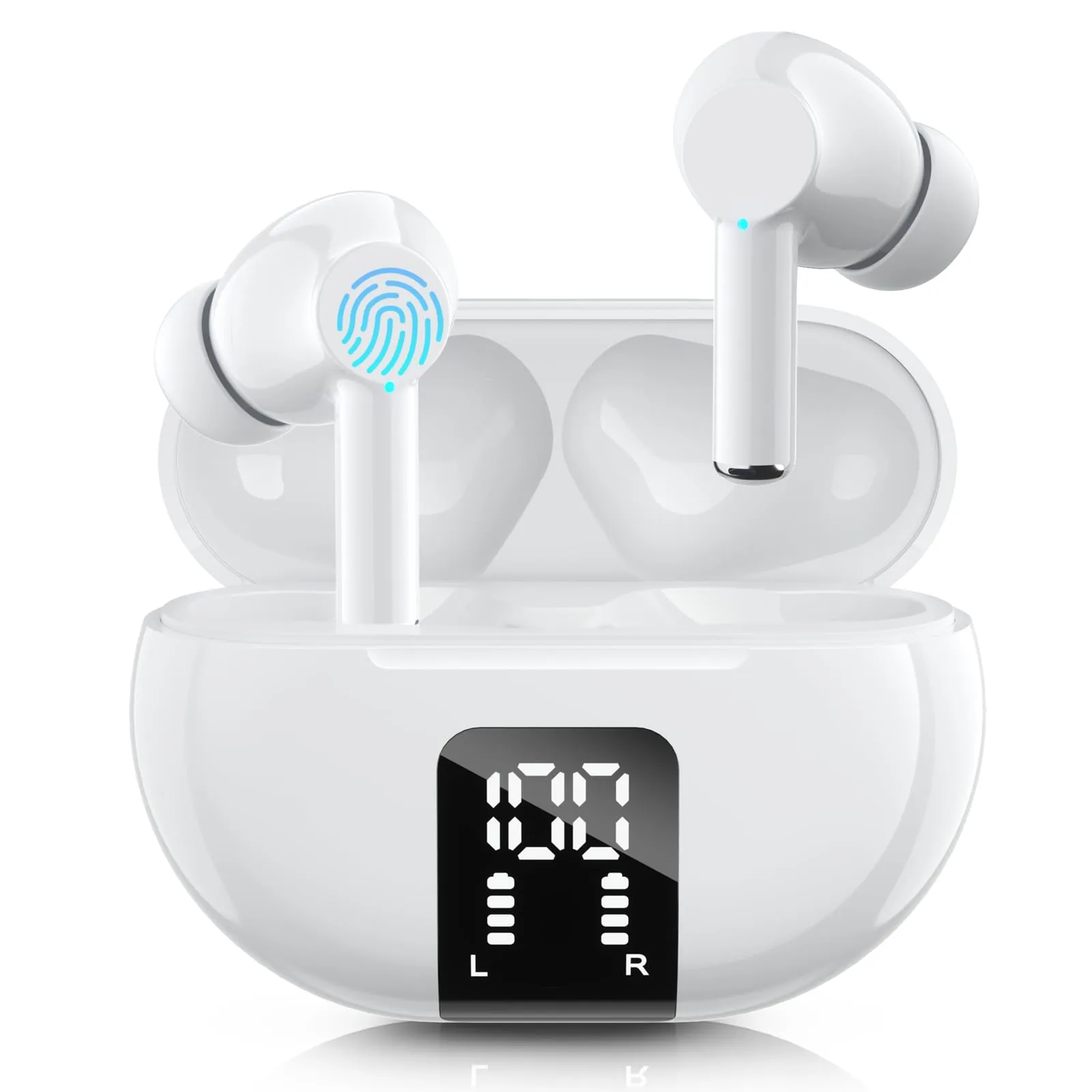 Carego Wireless Ear Buds, Bluetooth 5.3 Headphones 40H Playtime LED Display, White