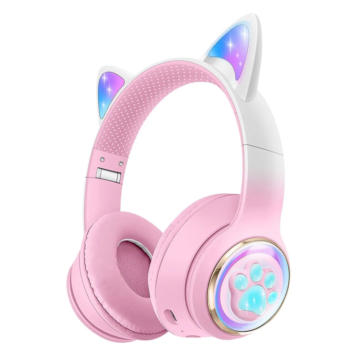 Cat Ear Bluetooth Headphones for Kids & Adults, RGB Light, Wireless/Wired, Pink