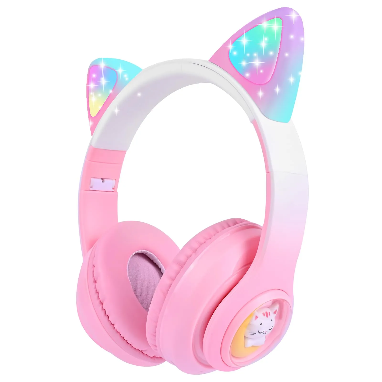 Cat Ear Kids Headphones Wireless with LED Light, Bluetooth 5.3, Microphone, Pink Pro