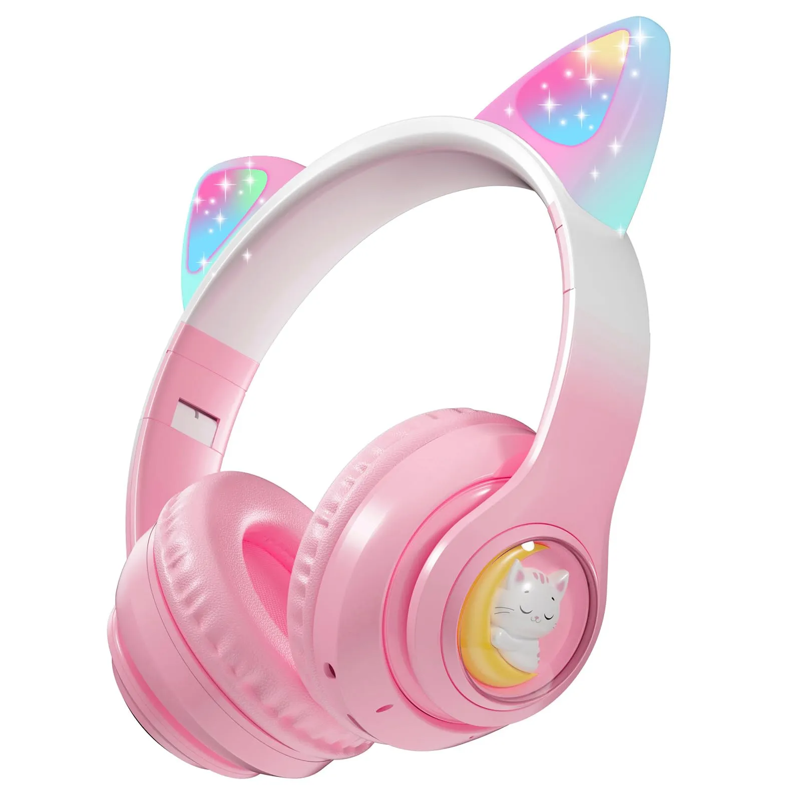 CHTON Kids Bluetooth Headphones with LED Cat Ears, Built-in Microphone, Pink, Foldable Design