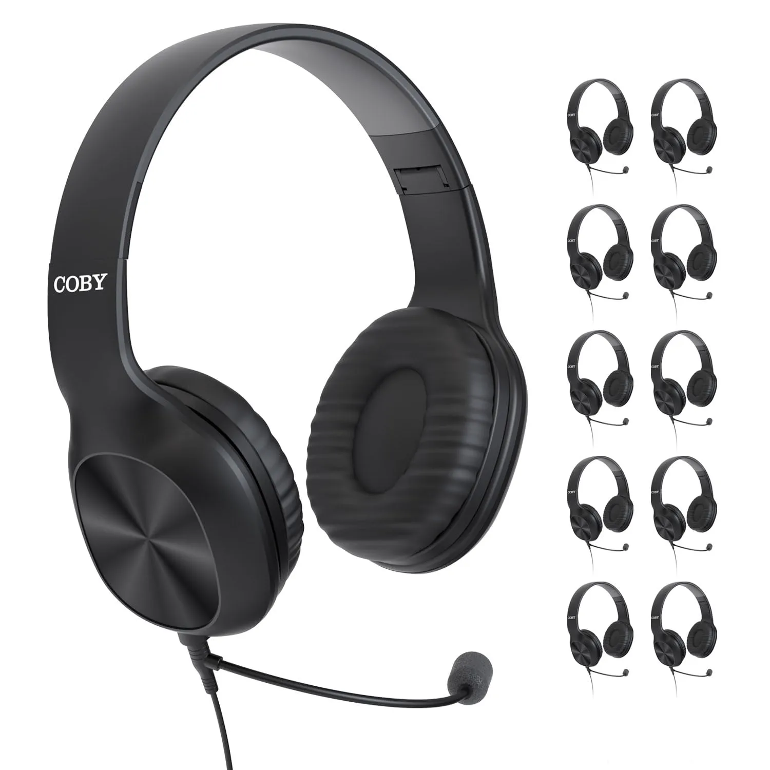 Coby Wired Headphones 10-Pack with Boom Mic, Cushioned Earpads for Gaming & Schools