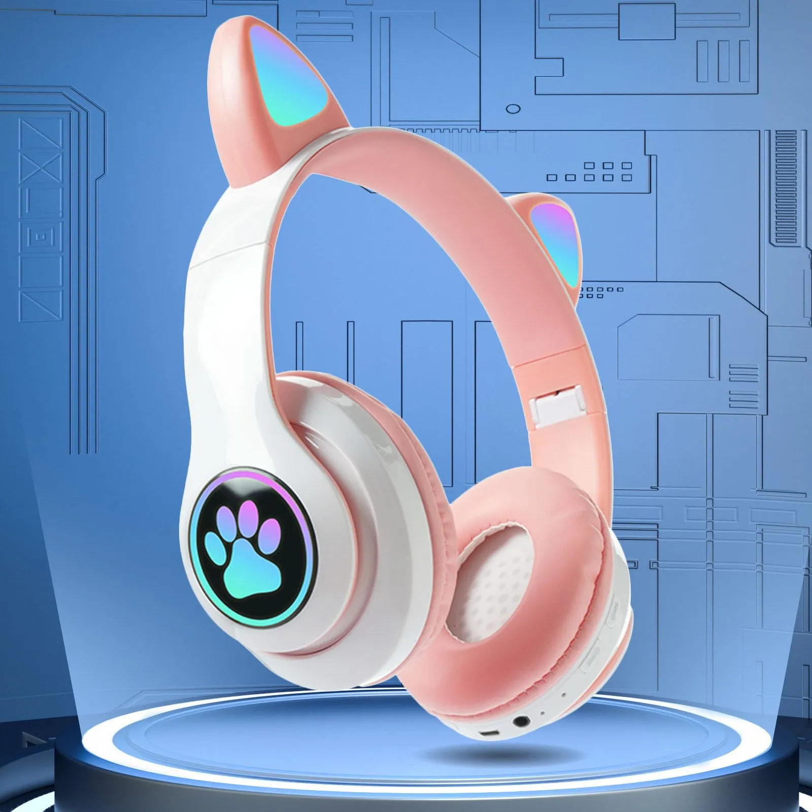 Cute Cat Ears Glowing Bluetooth Headphones Over Ear with Microphone, Lightweight Wireless Headset