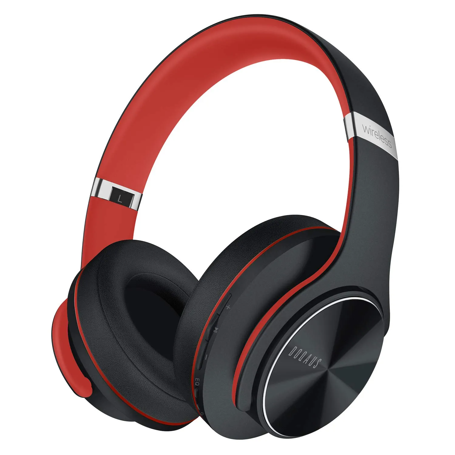 DOQAUS Bluetooth Over Ear Headphones, 90 Hours Playtime, HiFi Sound, Microphone, Black-Red