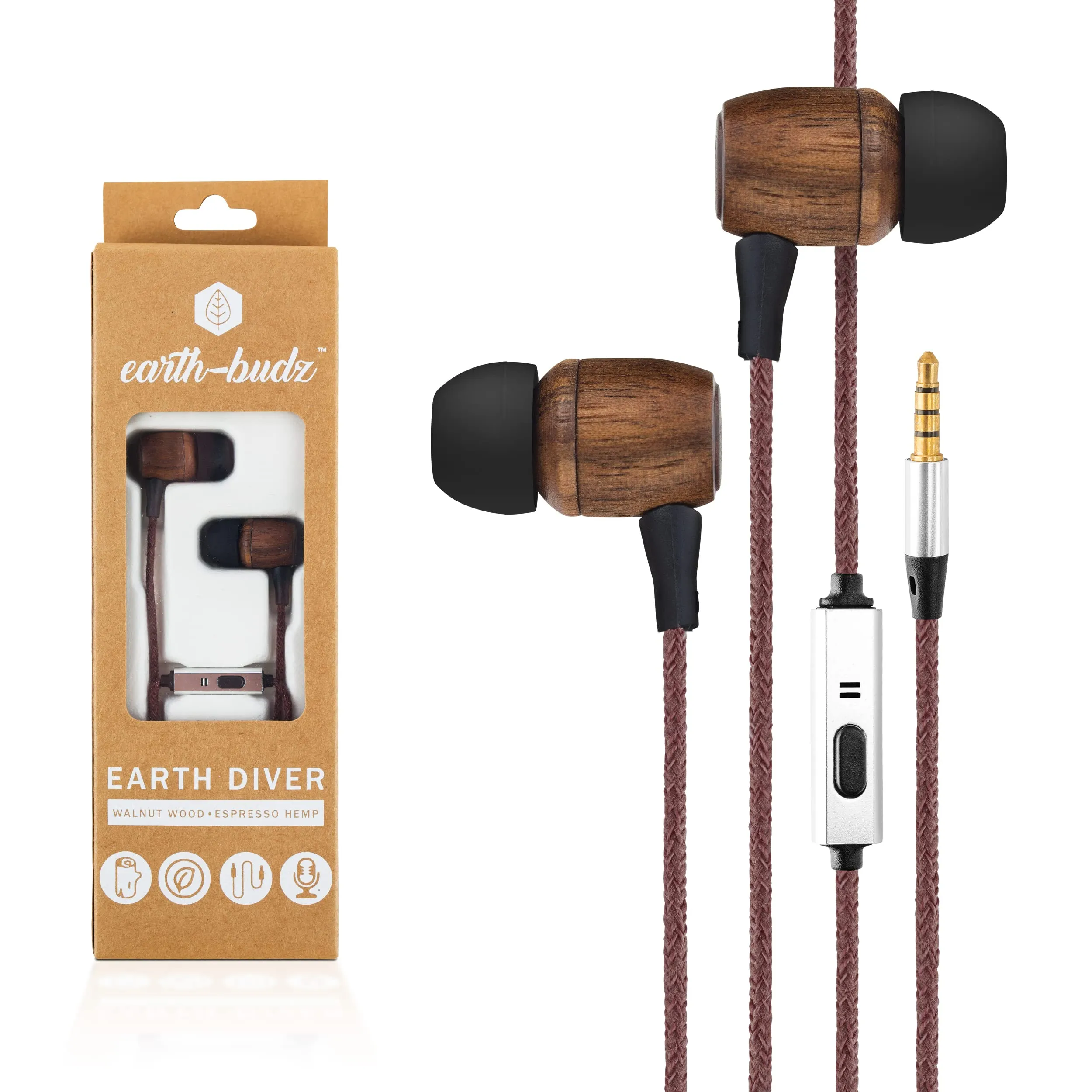 Earth-Budz Wood Earbuds - In-Ear Noise-Isolating Headphones with Microphone, Custom Fit & Tangle-Resistant