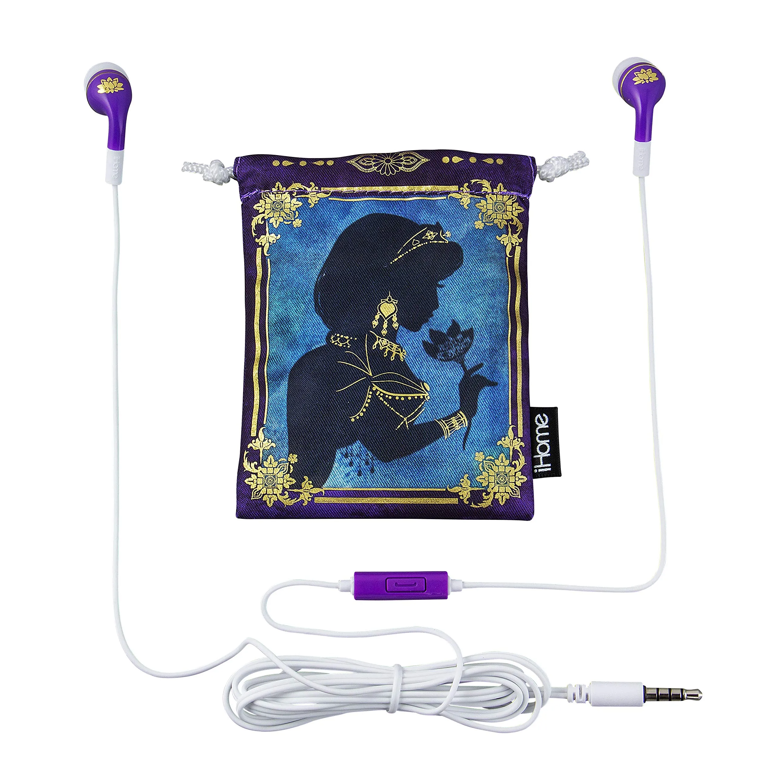 eKids Disney Princess Jasmine Wired Earbuds with Microphone, Aladdin Headphones & Travel Pouch