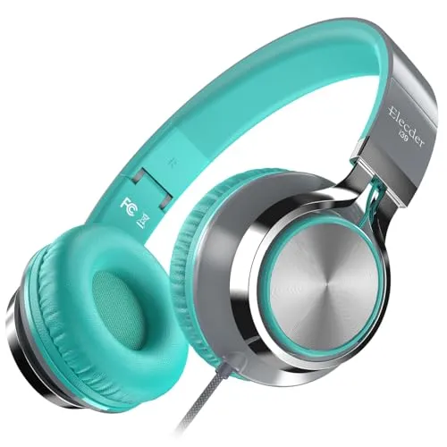 ELECDER i39 Mint/Gray Headphones with Microphone, Foldable, Lightweight, Adjustable for Kids & Adults