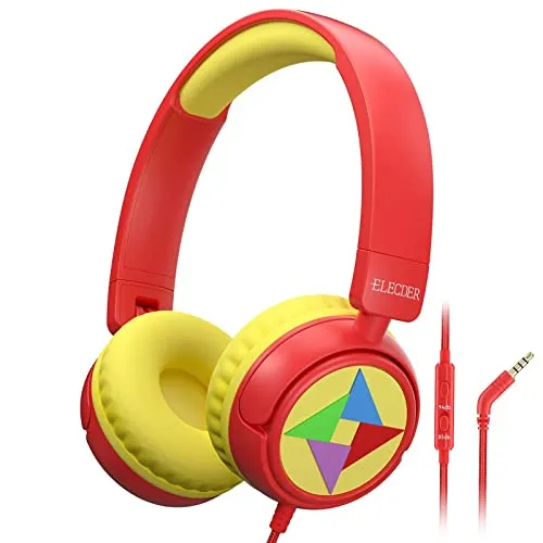 ELECDER i43 Kids Headphones with Microphone, Volume Limited 85dB/94dB, Foldable Design, Red/Yellow