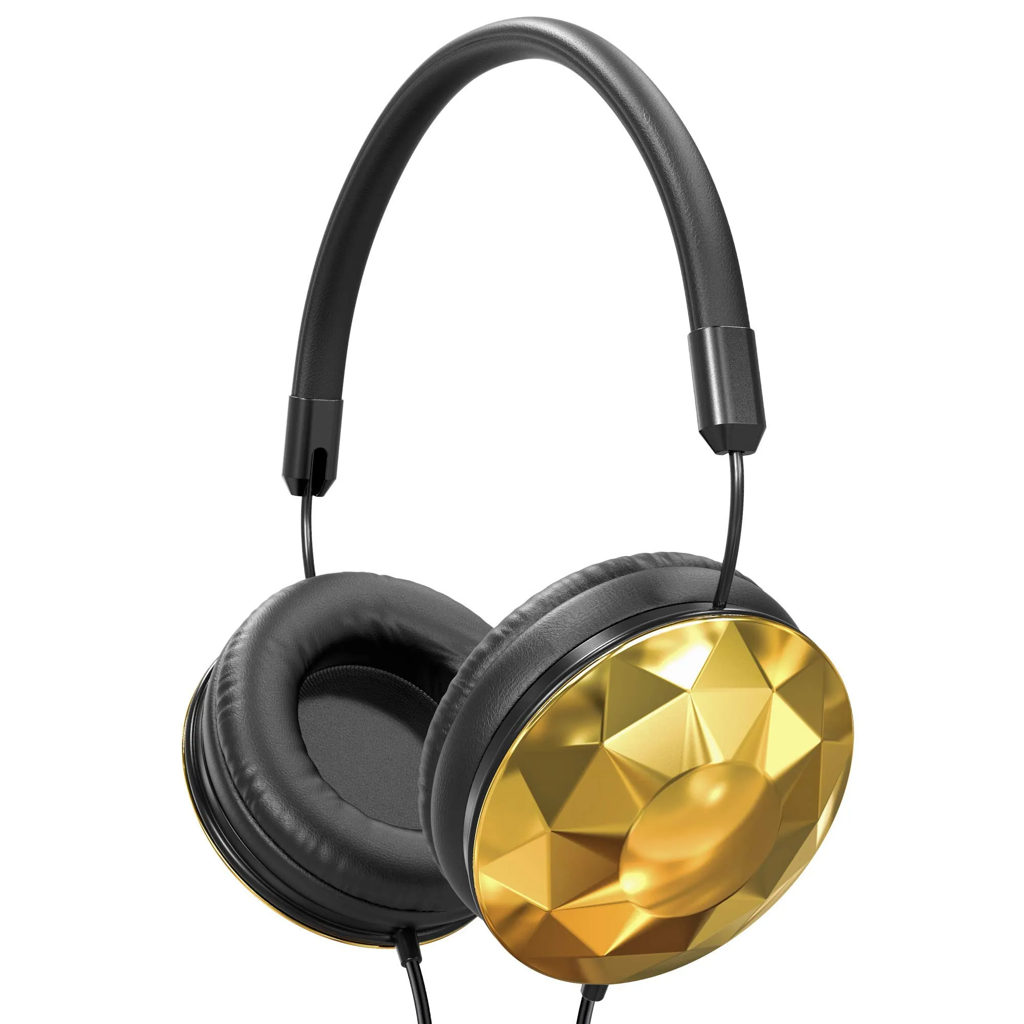 Faceted On-Ear Wired Headphones - Foldable Design with Soft Cushions, Gold, Adjustable Headband