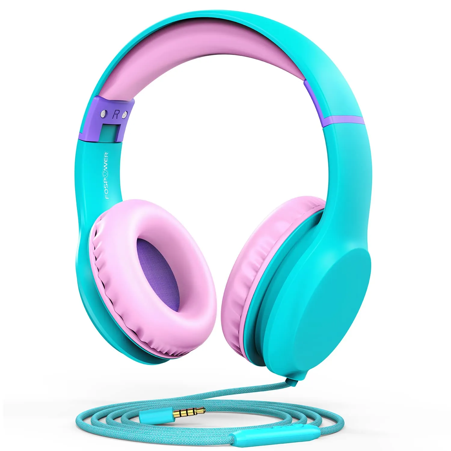 FosPower Kids Headphones - Foldable Adjustable Headset w/Mic, 85dB Volume Limit, Mint/Pink