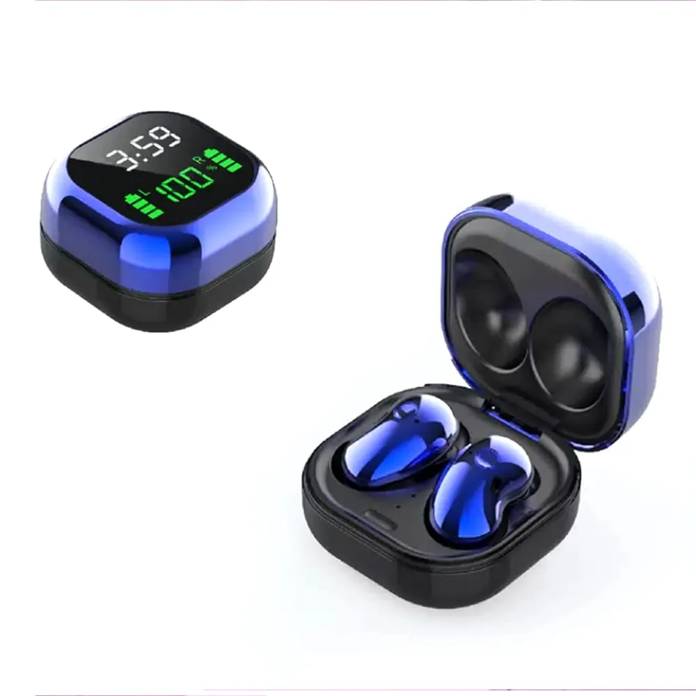 Fully Wireless Bluetooth 5.1 Earbud Headphones, IPX4 Waterproof, LCD Charging Case, Blue