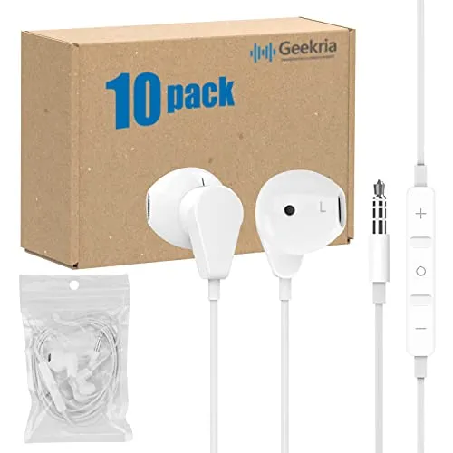 GEEKRIA 10 Pack White Earphones with Microphone, Wired Stereo Headphones, Volume Control