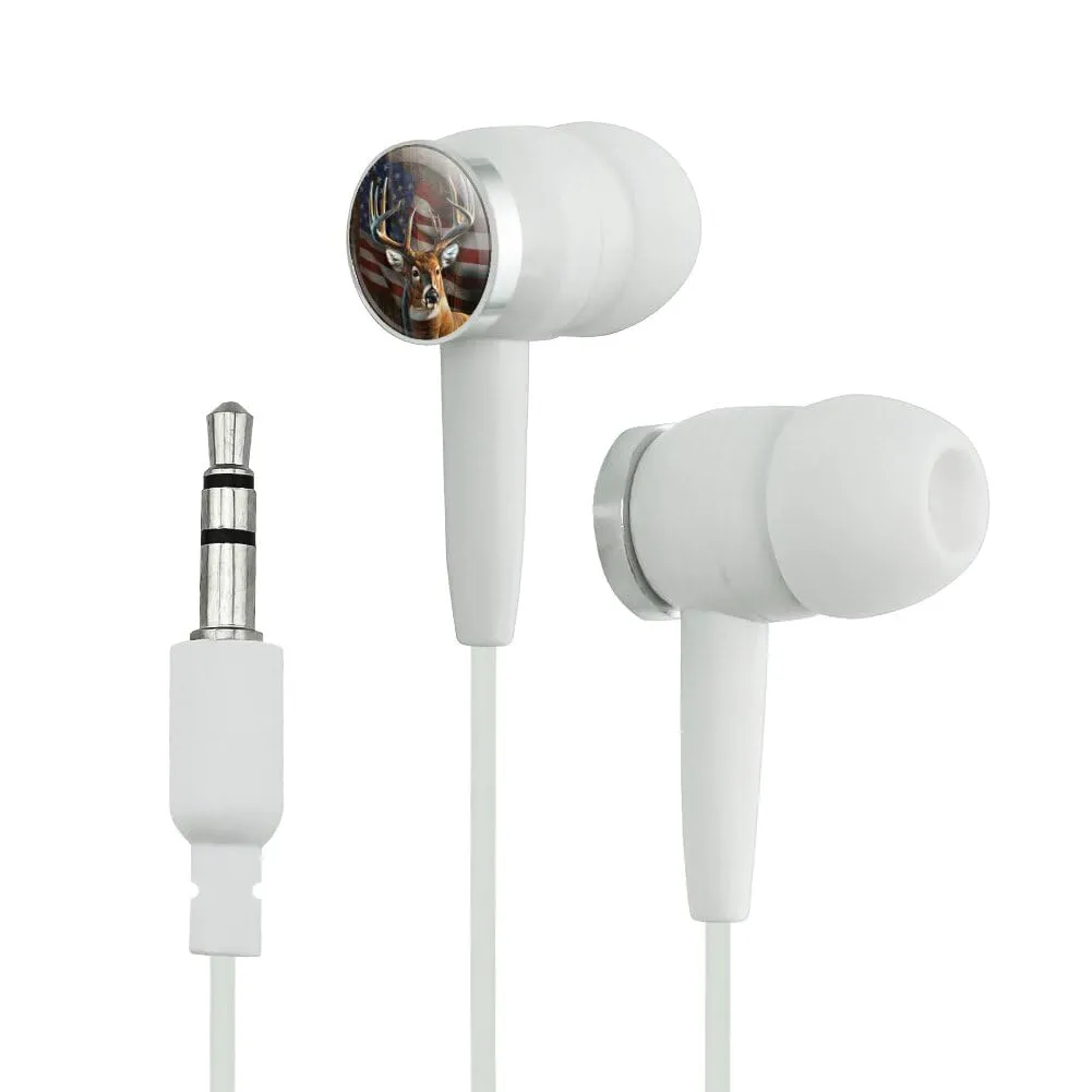 GRAPHICS & MORE Deer with American Flag Earbud Headphones - Lightweight White Design