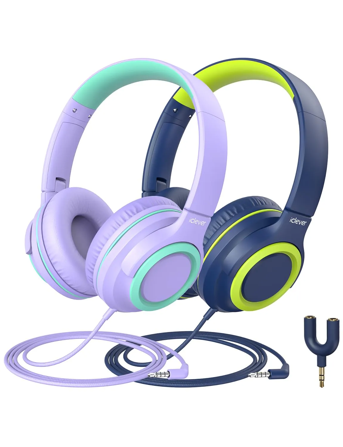 iClever Kids Headphones 2-Pack with Volume Limiter, Foldable, Tangle-Free for School & Travel