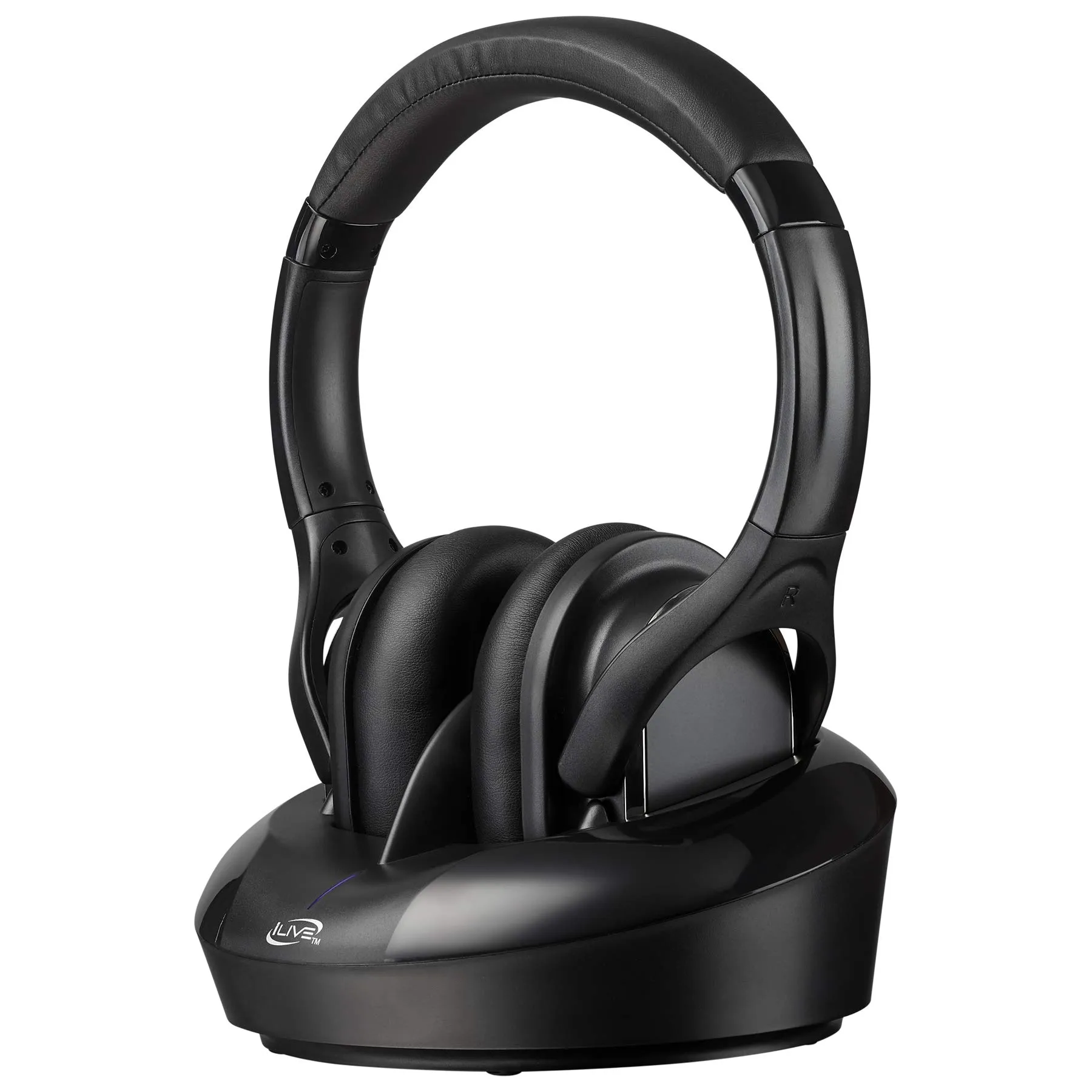 iLive Wireless Headphones with Transmitter Dock, 100ft Range, Adjustable Headband, Black