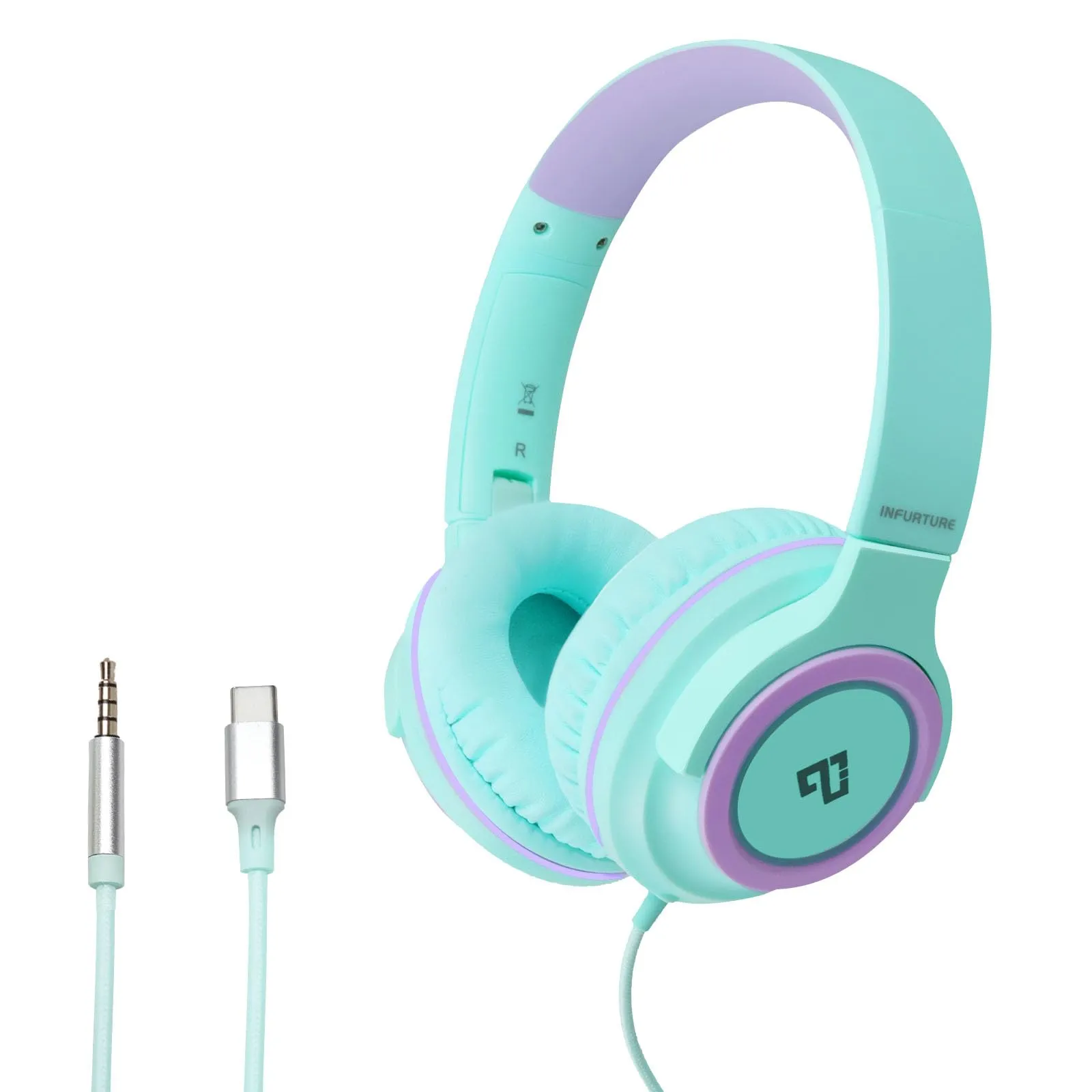 INFURTURE Kids USB C/3.5mm Headphones with Mic, Volume Limit 94dB, Lightweight On-Ear Design