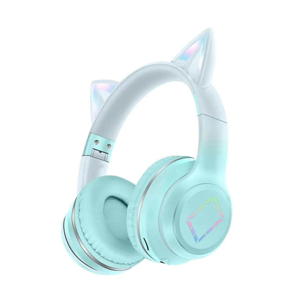 Kids Bluetooth Headphones with LED Cat Ears, Adjustable Headband, Foldable Over-Ear (Green)