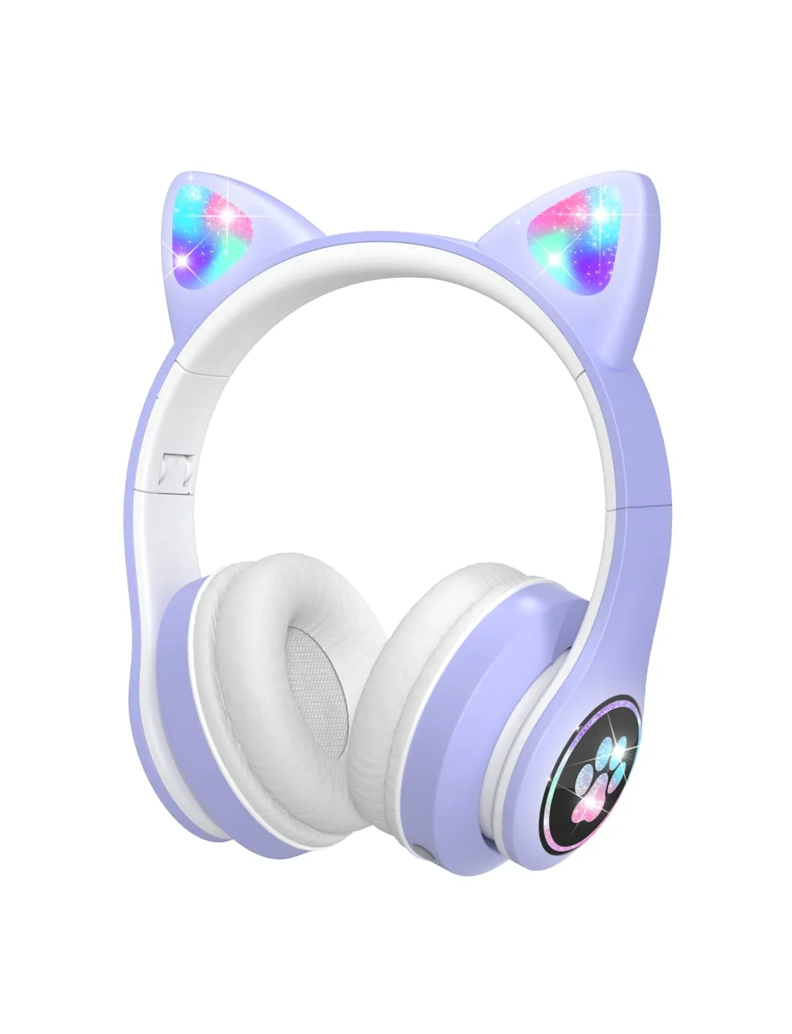 Kids Bluetooth Headphones with Microphone and RGB LED Lights, Volume Limiting, Foldable, Purple