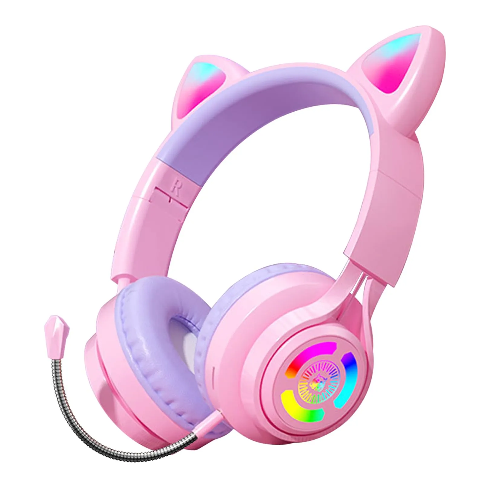 Kids Cat Ear Bluetooth Headphones, Wireless Over-Ear Gaming Headset with RGB LED, Pink