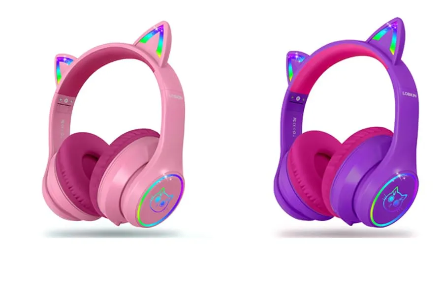 LOBKIN Cat Ears Headphones - RGB LED Light, Bluetooth 5.3, Wired/Wireless, Rose & Purple-Pink